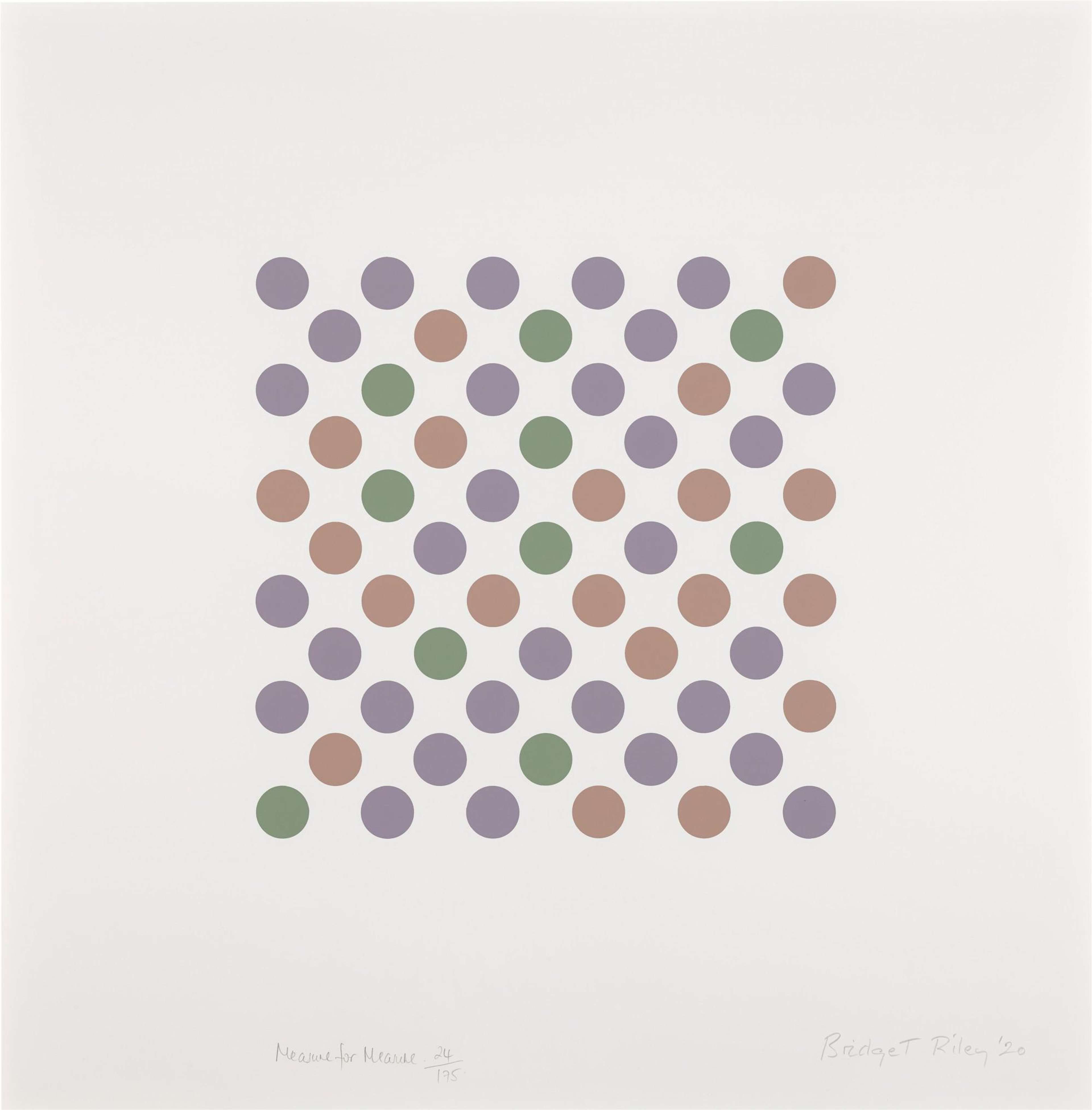 Dans cette estampe, Riley dispose une collection de points, tous de taille identique, selon une formation en grille. Les points sont rendus en vert, violet et marron sur un fond blanc uni. Espacés de manière égale, ils évoquent un sentiment de précision mécanique.