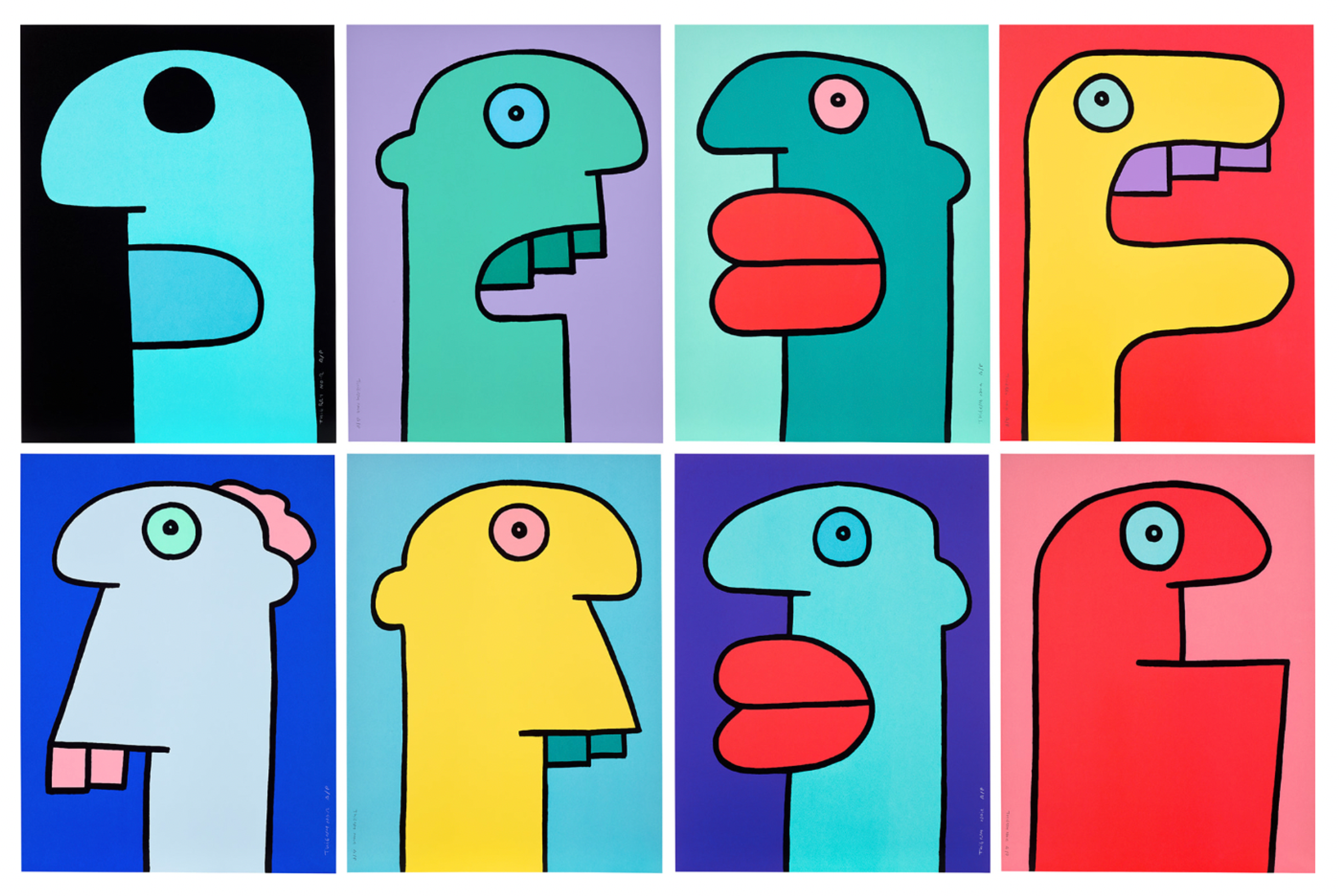 Huit sérigraphies de Thierry Noir représentant des têtes de dessins animés dans différentes combinaisons de couleurs vives.