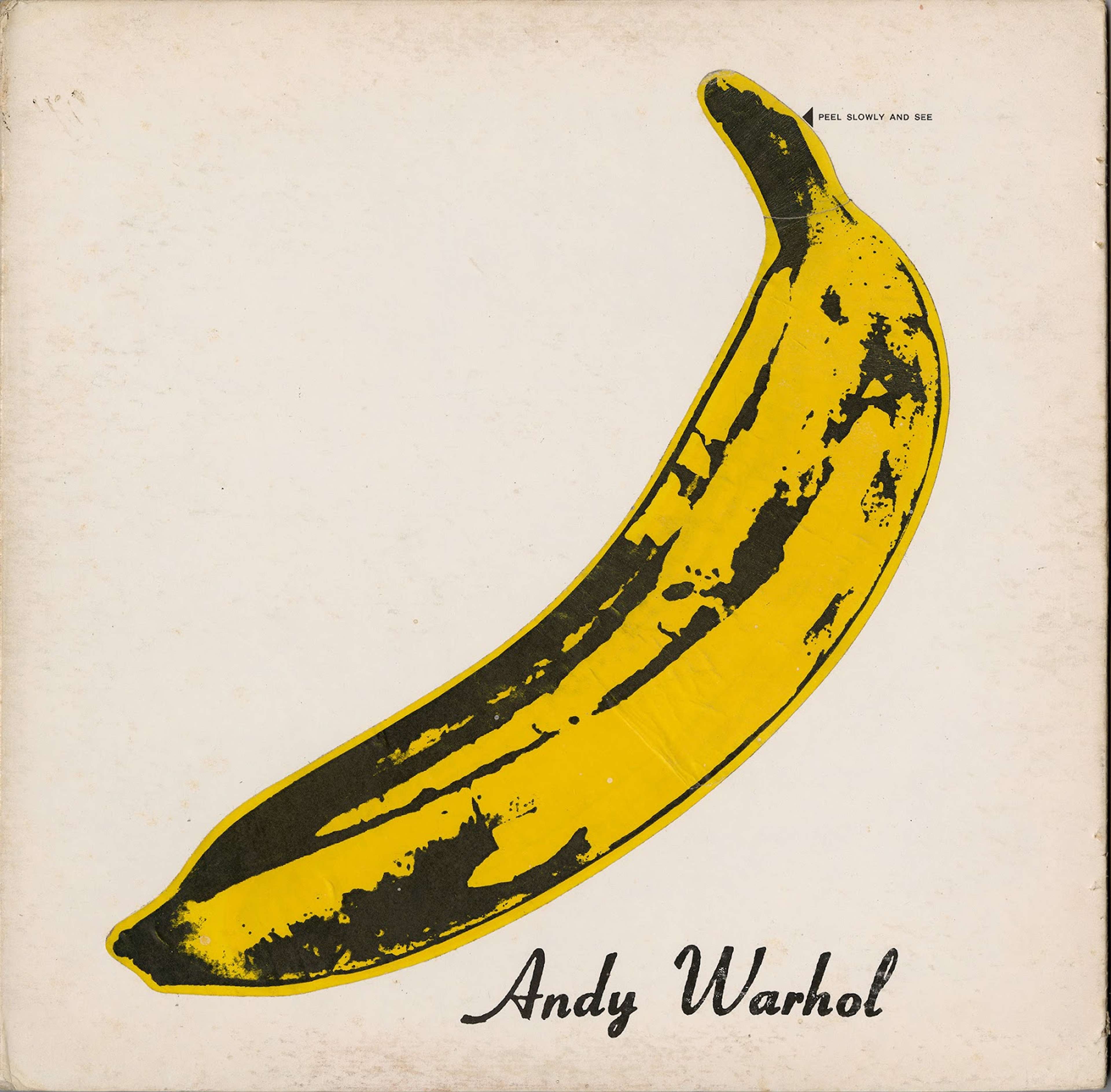 Une image de la pochette de l'album The Velvet Underground & Nico par l'artiste Andy Warhol. Elle présente une banane jaune vif sur fond blanc. La peau de la banane est amovible, révélant une chair rose en dessous.