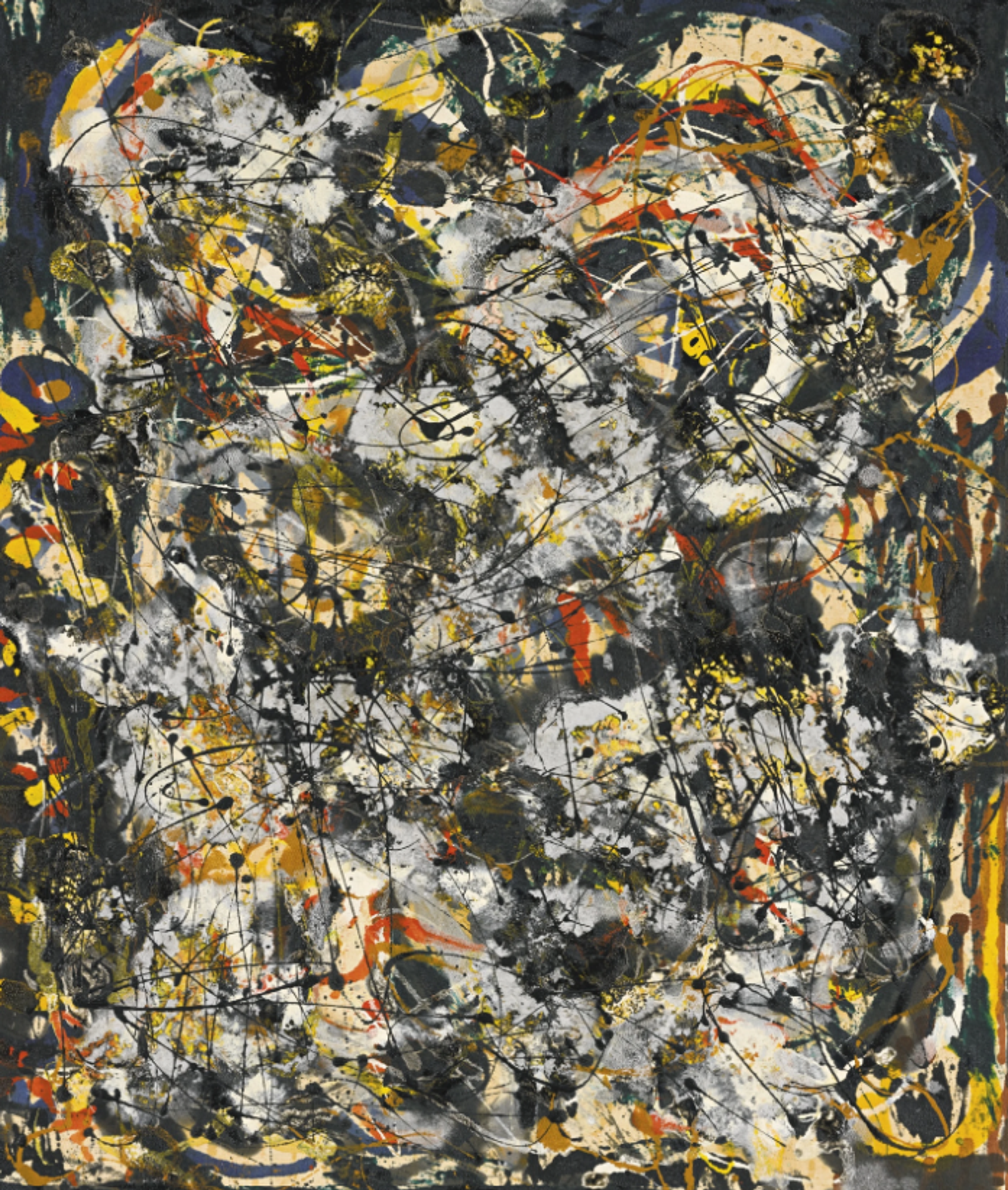 A dark, vertical composition with swirling, layered strokes in black, white, and yellow. The surface is crowded with overlapping forms, creating a sense of depth and complexity.