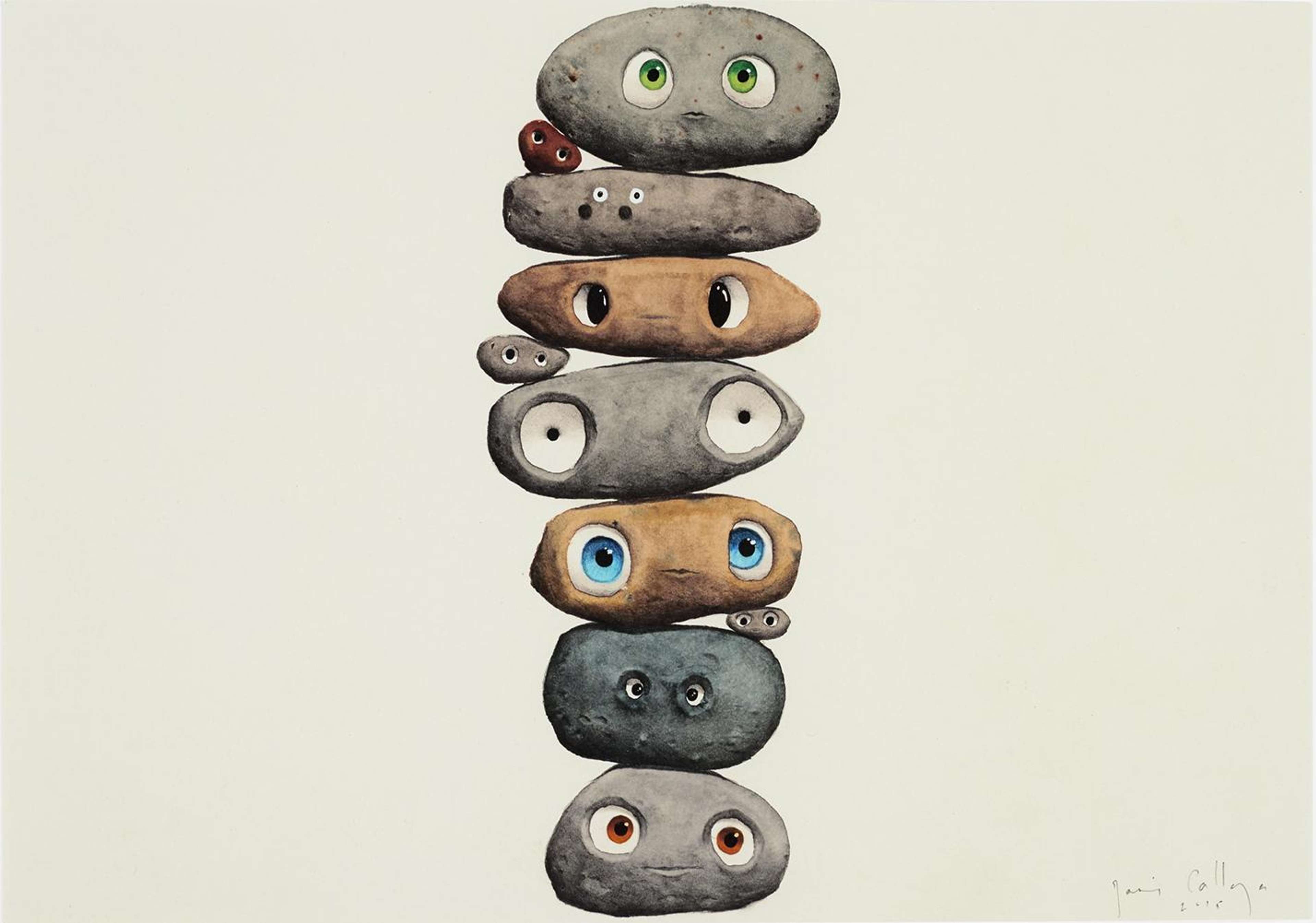 Une estampe représentant un tas de galets à peu près ronds – certains minuscules, d'autres grands. Chacun arbore une paire d'yeux de dessin animé et une expression confuse ou légèrement inquiète. Les galets sont ombrés en profondeur pour accentuer leur aspect tridimensionnel.