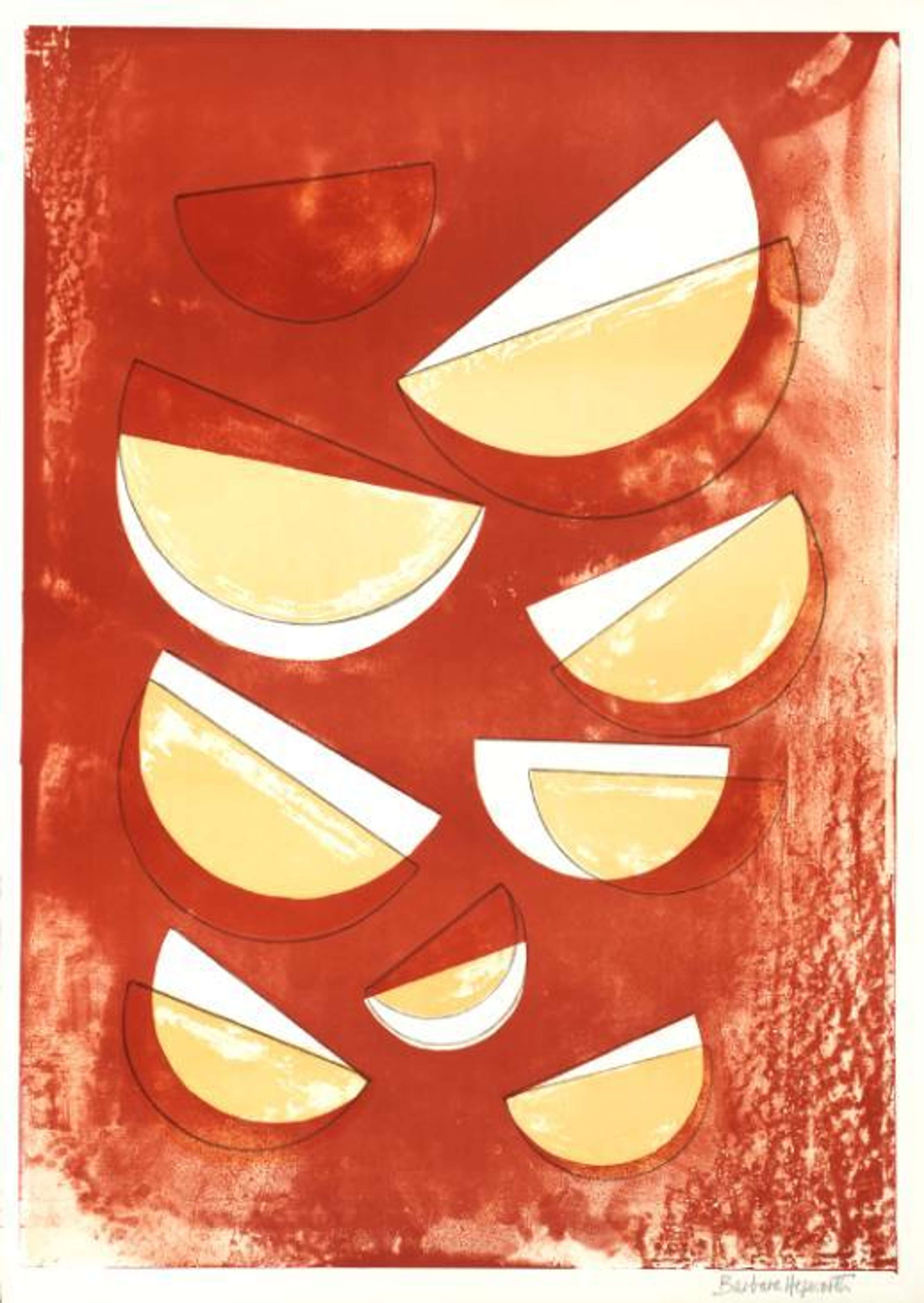 Un fond orange foncé parsemé de demi-cercles de tailles variées. Le bord plat de tous ces demi-cercles est orienté globalement vers le haut. Certains sont remplis de blanc et d'autres ne sont que des contours. Ils se chevauchent tous par paires, et là où ils se recoupent, la zone prend une teinte jaune pâle.