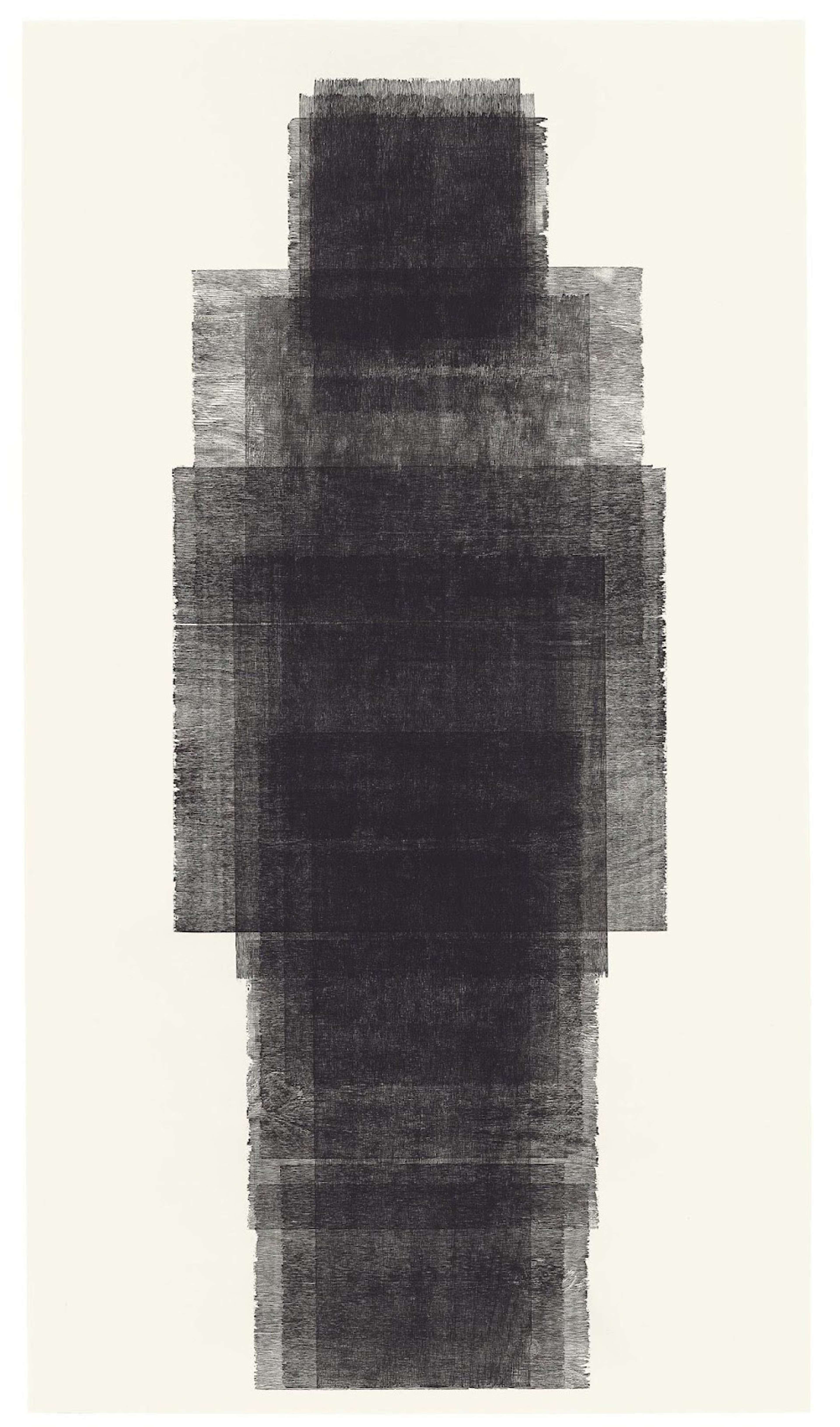 Une image de l'estampe « Inhabit » de l'artiste Antony Gormley. Elle représente une forme humanoïde noire et grise, entièrement composée de blocs, avec une impression de grain de bois clair.