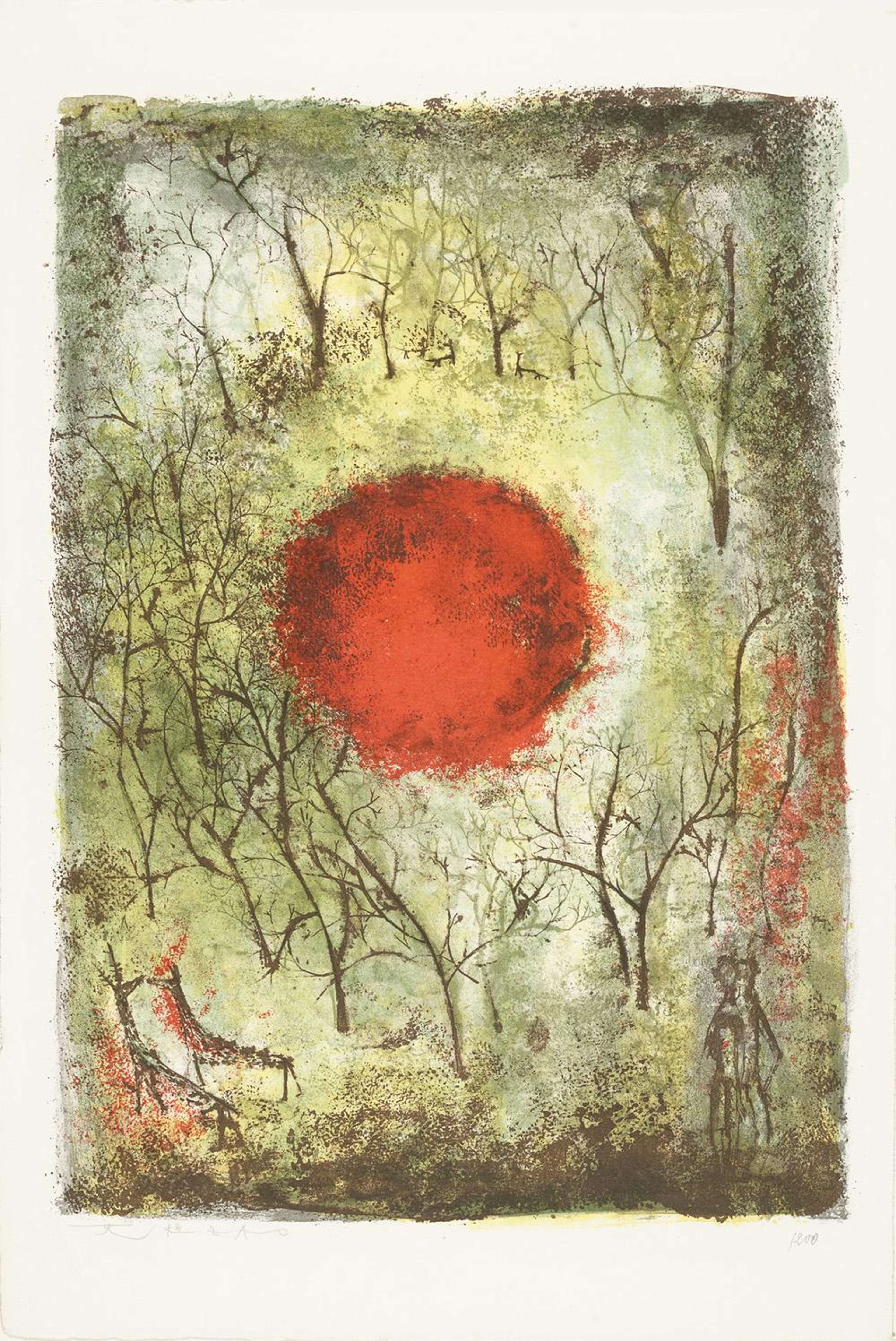 Une image principalement verte avec un arrière-plan texturé. Au centre se trouve un cercle rouge, rappelant à la fois le drapeau chinois et le soleil. Autour de lui, des arbres dénudés sont gravés sur le fond vert, avec deux figures en bas à droite et deux animaux en bas à gauche.