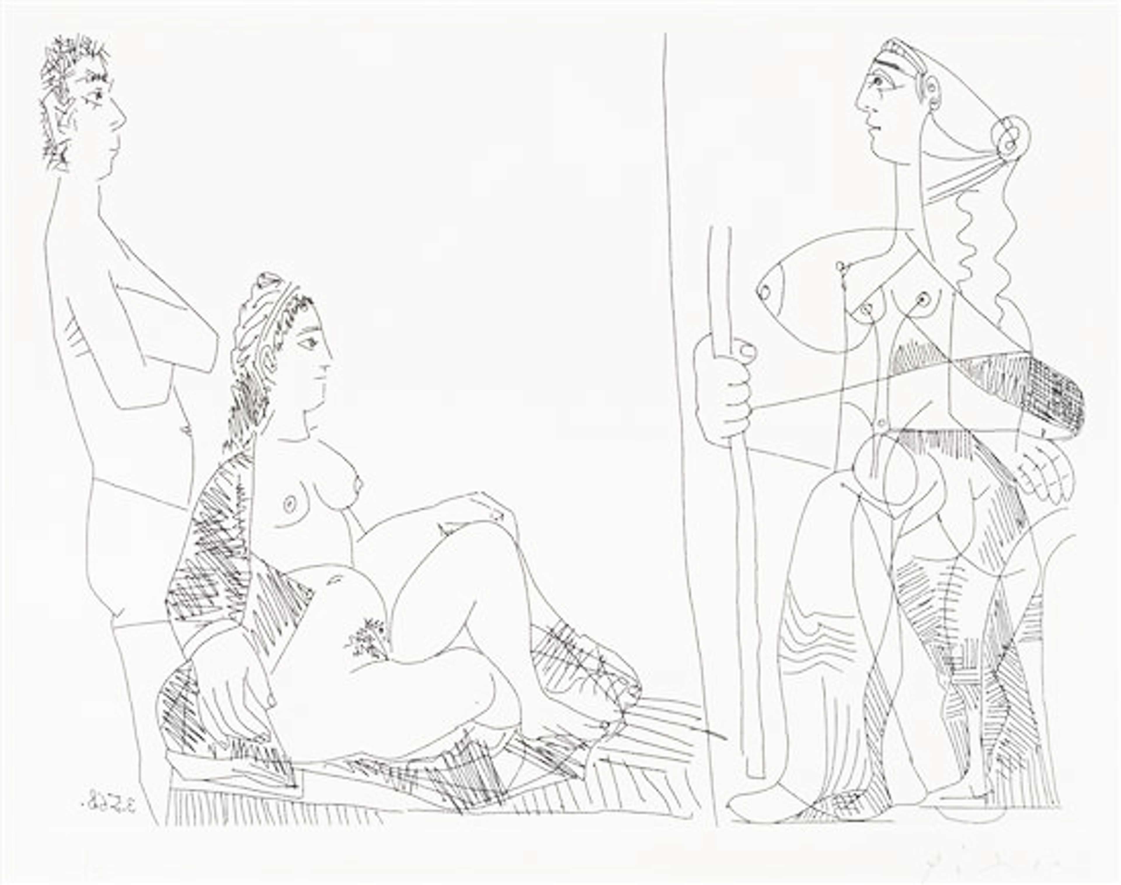 Une image de l'œuvre « Couple Et Voyageuse » de Pablo Picasso. Elle représente trois figures humaines dessinées en lignes, les deux figures de gauche étant représentées dans un style plus réaliste, tandis que celle de droite est dans le style cubiste caractéristique de Picasso. Les deux figures à gauche (Two Figures) sont représentées de manière plus réaliste, tandis que celle de droite est dans le style cubiste distinctif de Picasso.