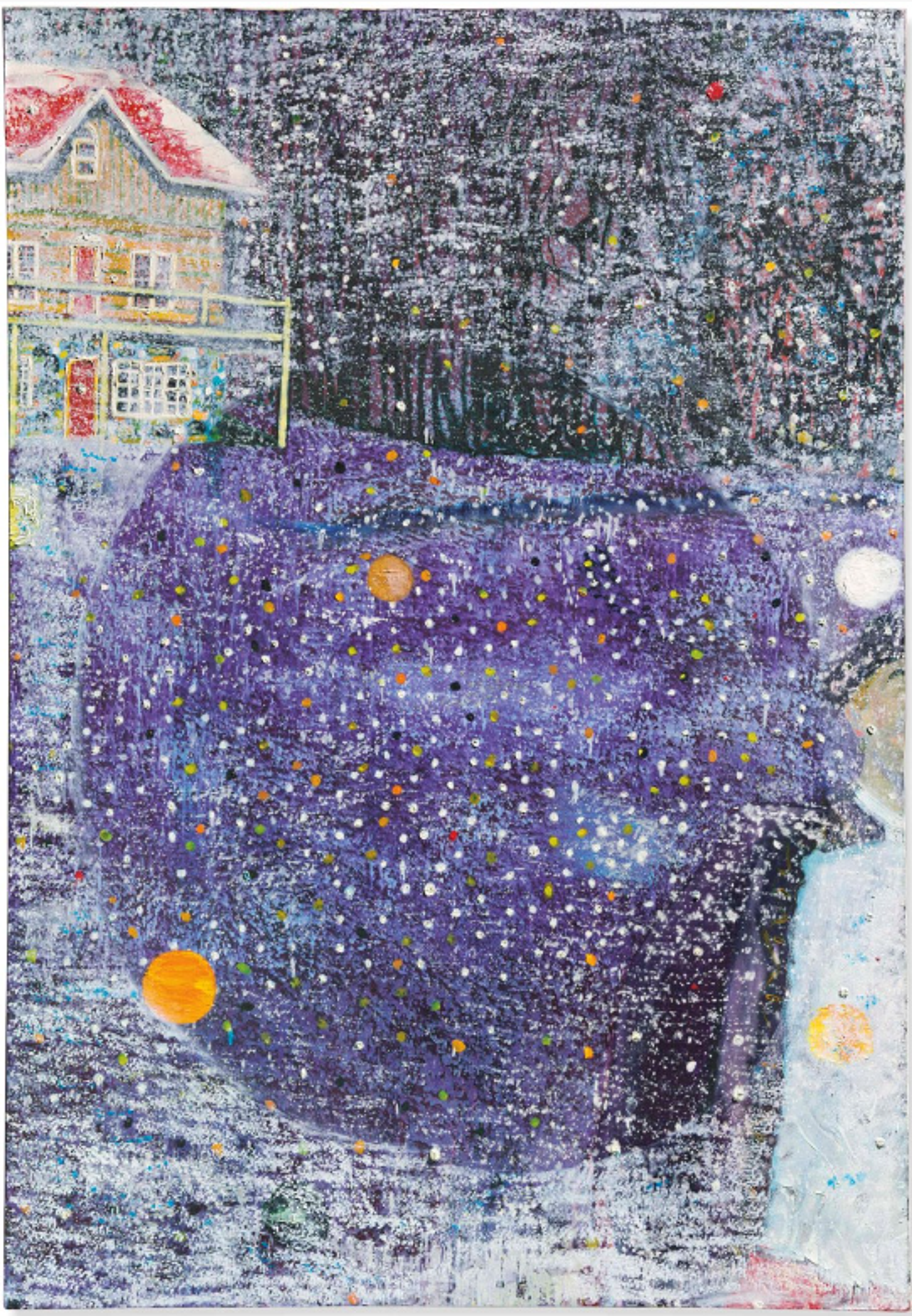 A blurry purple snowscape with a house on the far left side of the horizon towards the top. A circle of deeper, richer colours covers the centre of the painting, as if caused by a lens flare. The composition features scattered dots of white snow and yellow lens flares and a ghostly white figure at the right edge. The ground is purple, and there is a suggestion of a dark black forest behind the house.