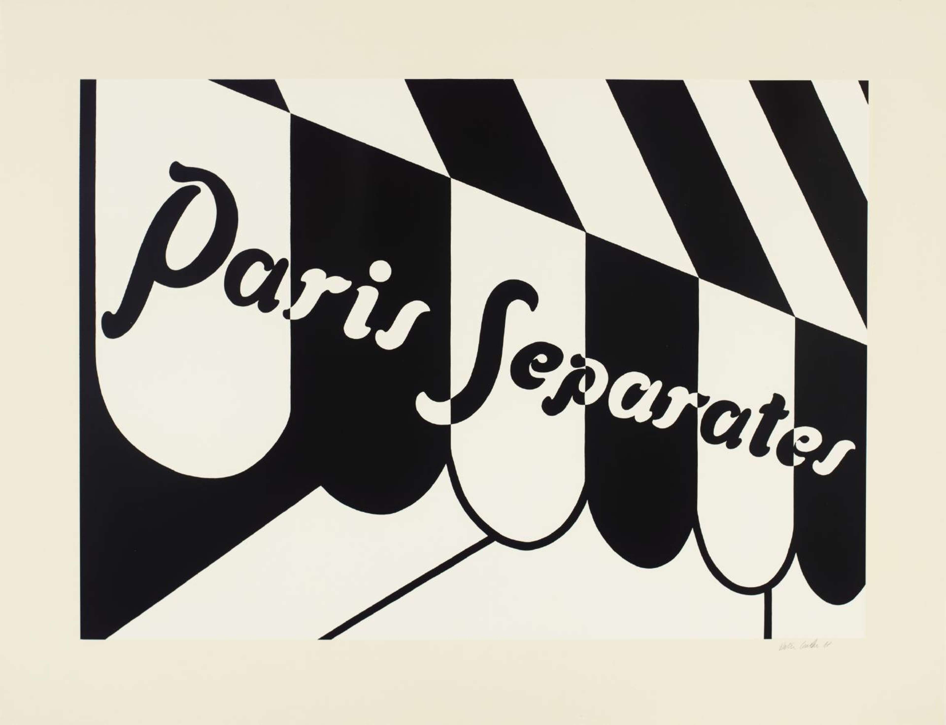 Une image de l'estampe "Paris Separates" de Patrick Caulfield, qui est une représentation monochrome d'un auvent rayé.