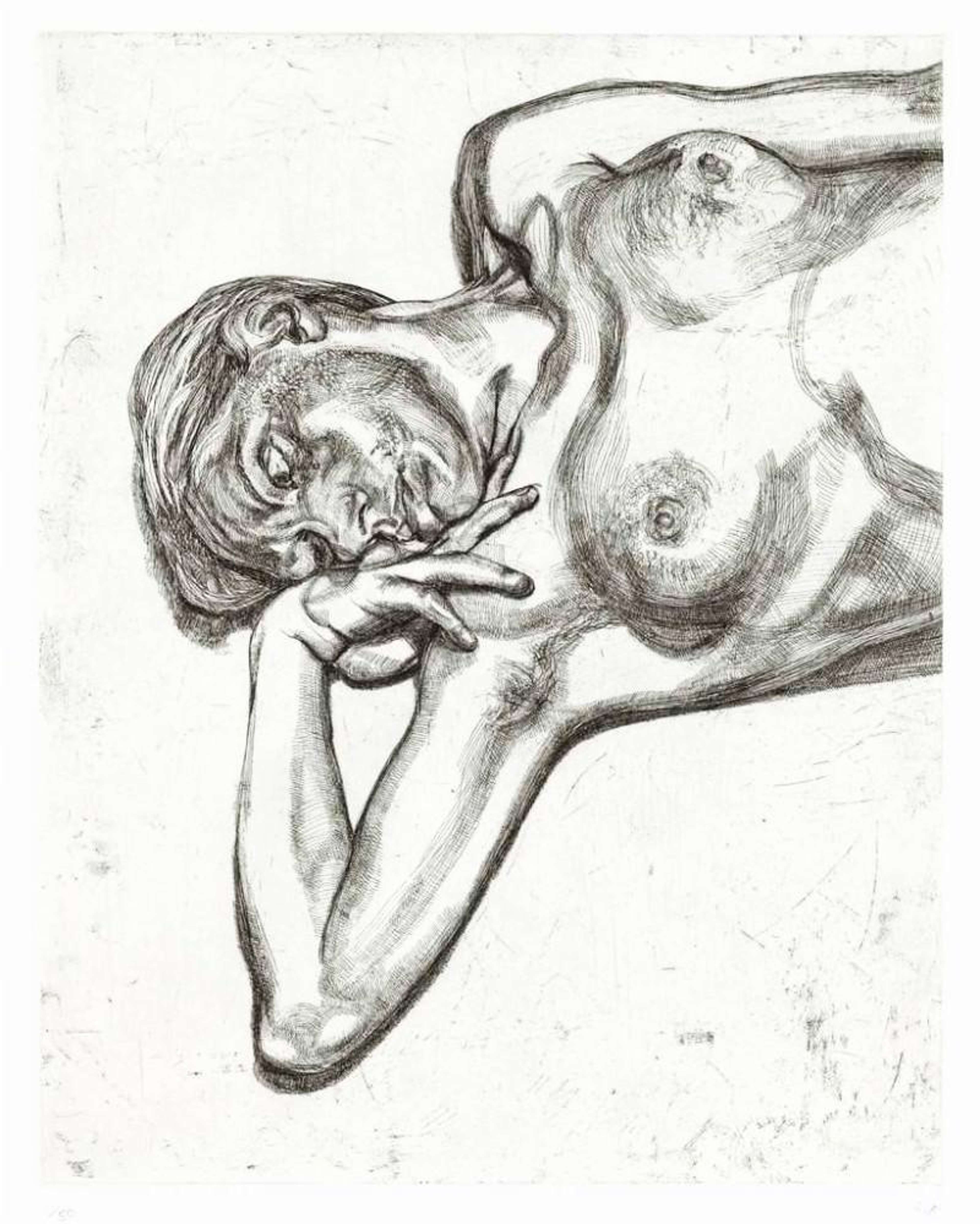 Tête Et Épaules D'Une Jeune Fille de Lucian Freud. Un dessin d'une femme nue jusqu'à la poitrine. Elle est allongée sur le sol, le visage appuyé sur sa main.