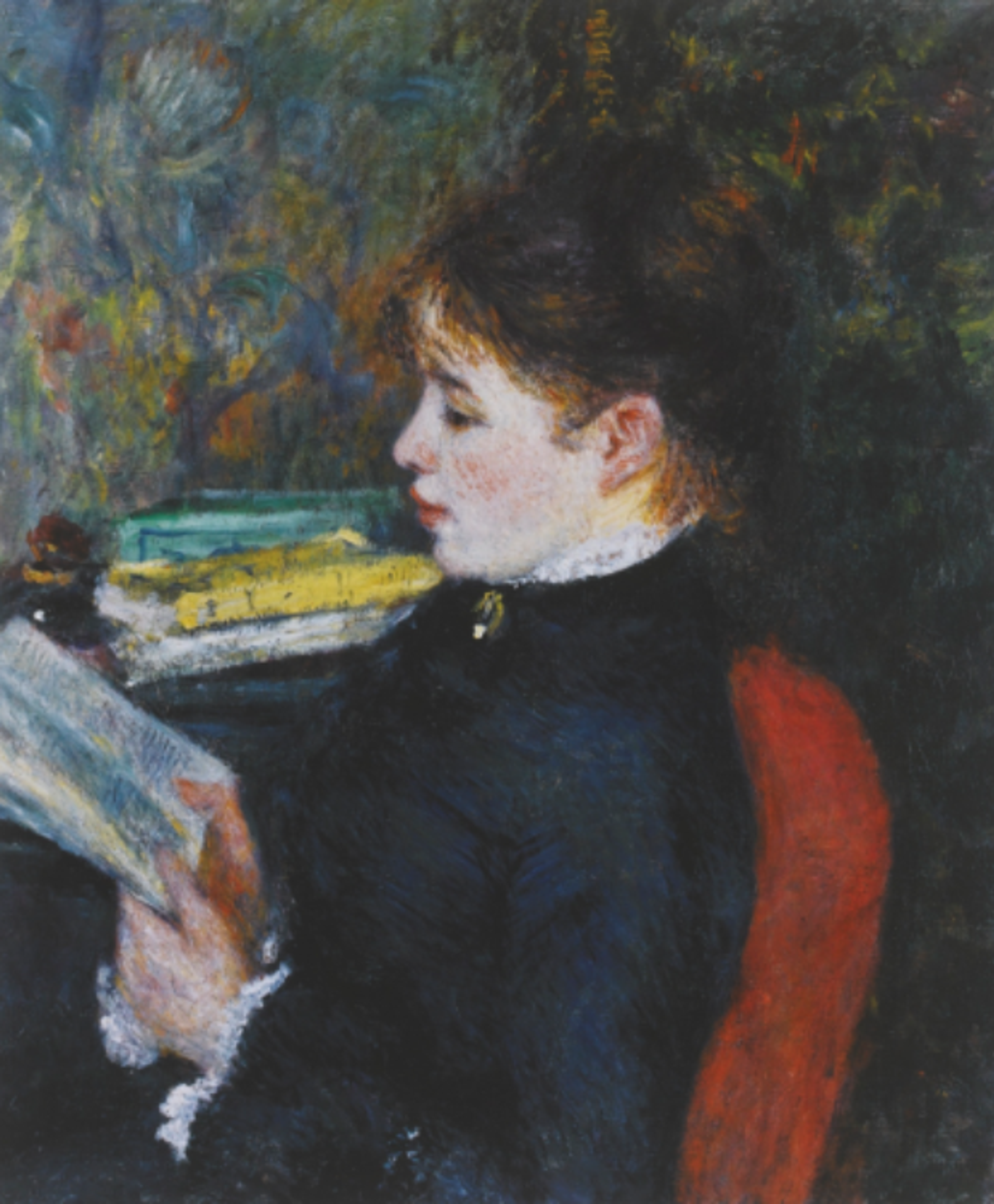 A profile view of a woman with her hair up, seated in a red chair, reading a book. She wears a dark high-necked dress. The background features impressionistic brushwork in muted greens and blues.