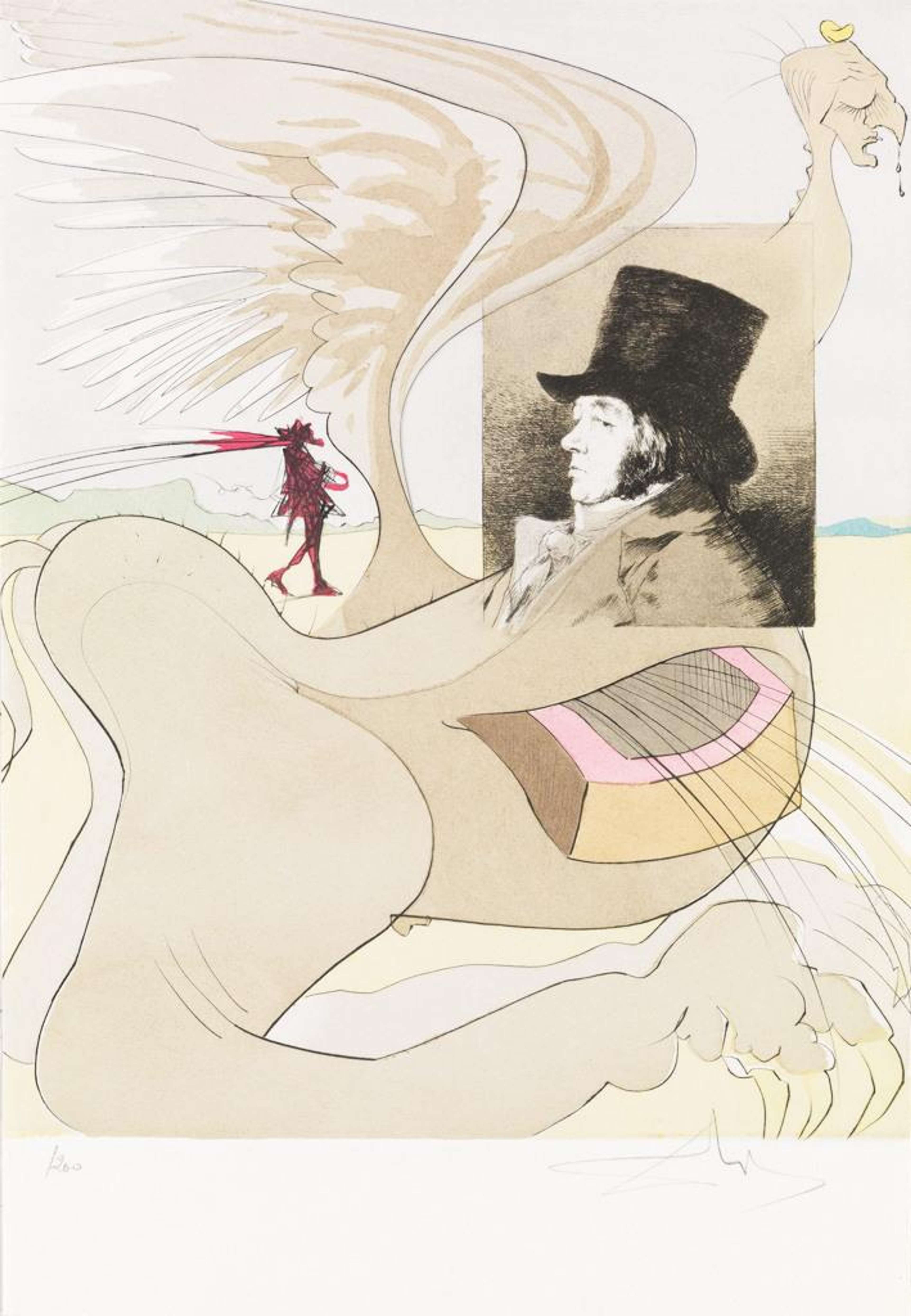 Une petite photographie de Goya de profil, coiffé d'un chapeau haut-de-forme, est intégrée dans un portrait surréaliste d'un grand oiseau déformé aux griffes immenses et au visage tourmenté. Une silhouette diabolique rouge avance en arrière-plan.