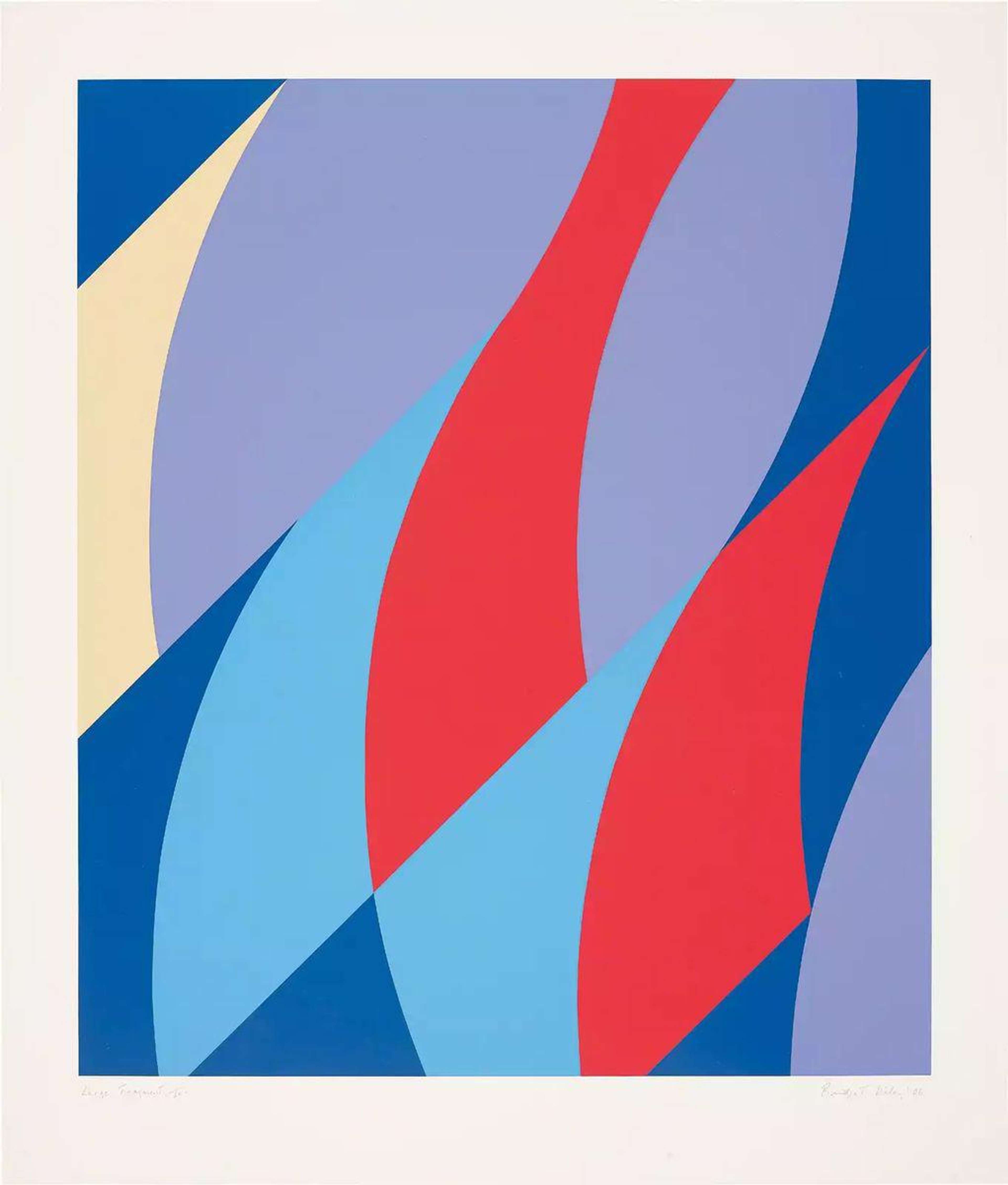Une sérigraphie de Bridget Riley représentant des lignes verticales courbes et des diagonales inclinées formant un motif, dans des tons de bleu, violet, blanc et rouge.