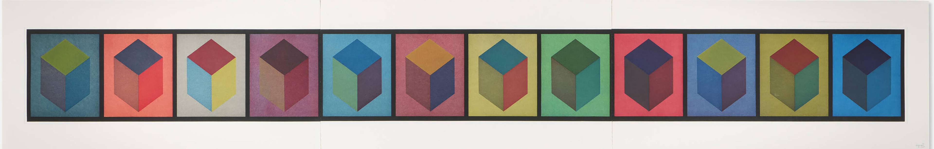Une longue gravure fine découpée en 12 carrés, chacun délimité par un trait noir. À l'intérieur de chaque section se trouvent un fond coloré et une représentation géométrique d'un cube en vue de trois quarts, montrant trois faces. Chaque cube est ombré à l'aide de valeurs chromatiques qui suggèrent la profondeur.