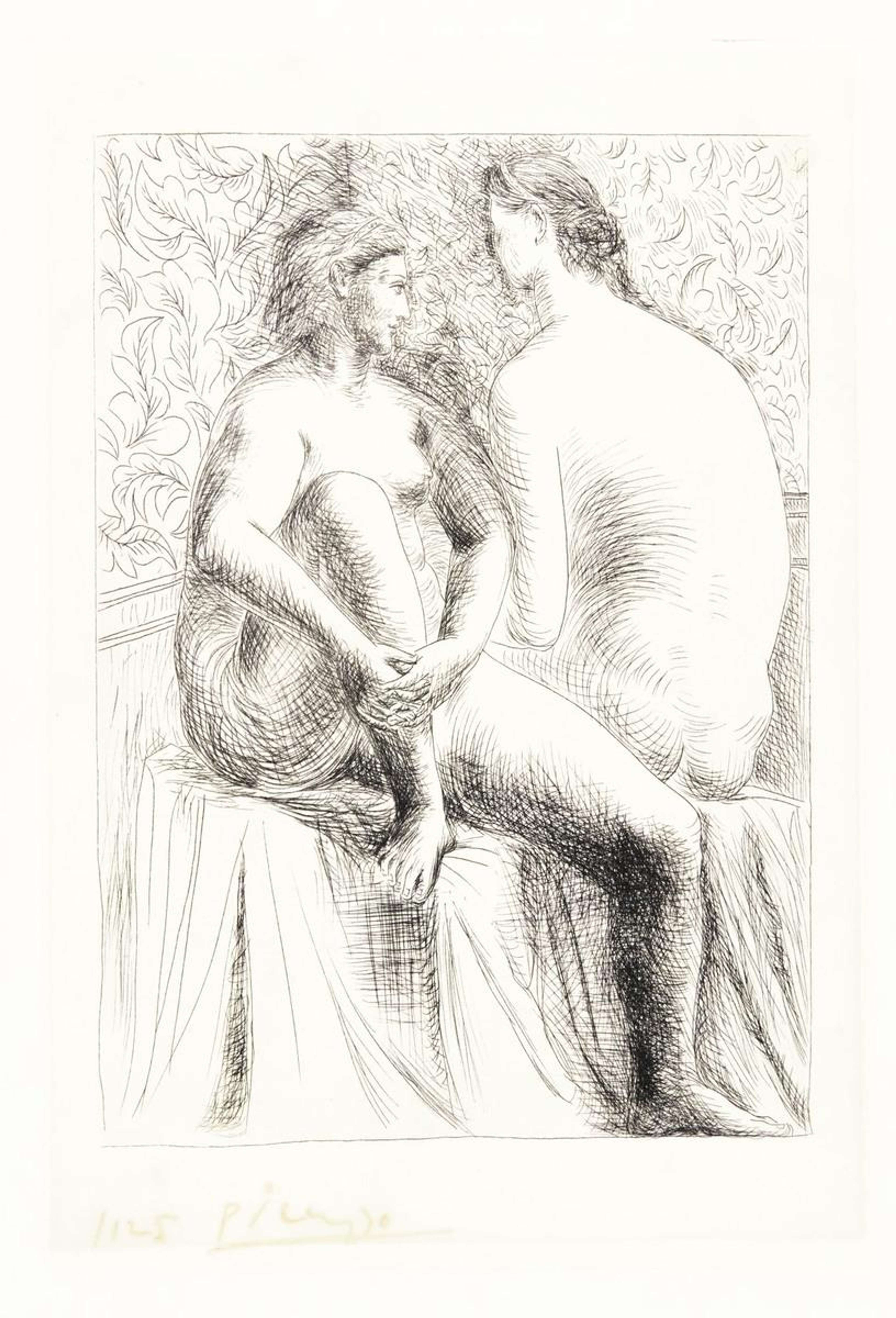 Cette estampe représente deux femmes nues engagées dans une conversation. La palette est monochrome et l'une des femmes tourne le dos au spectateur.
