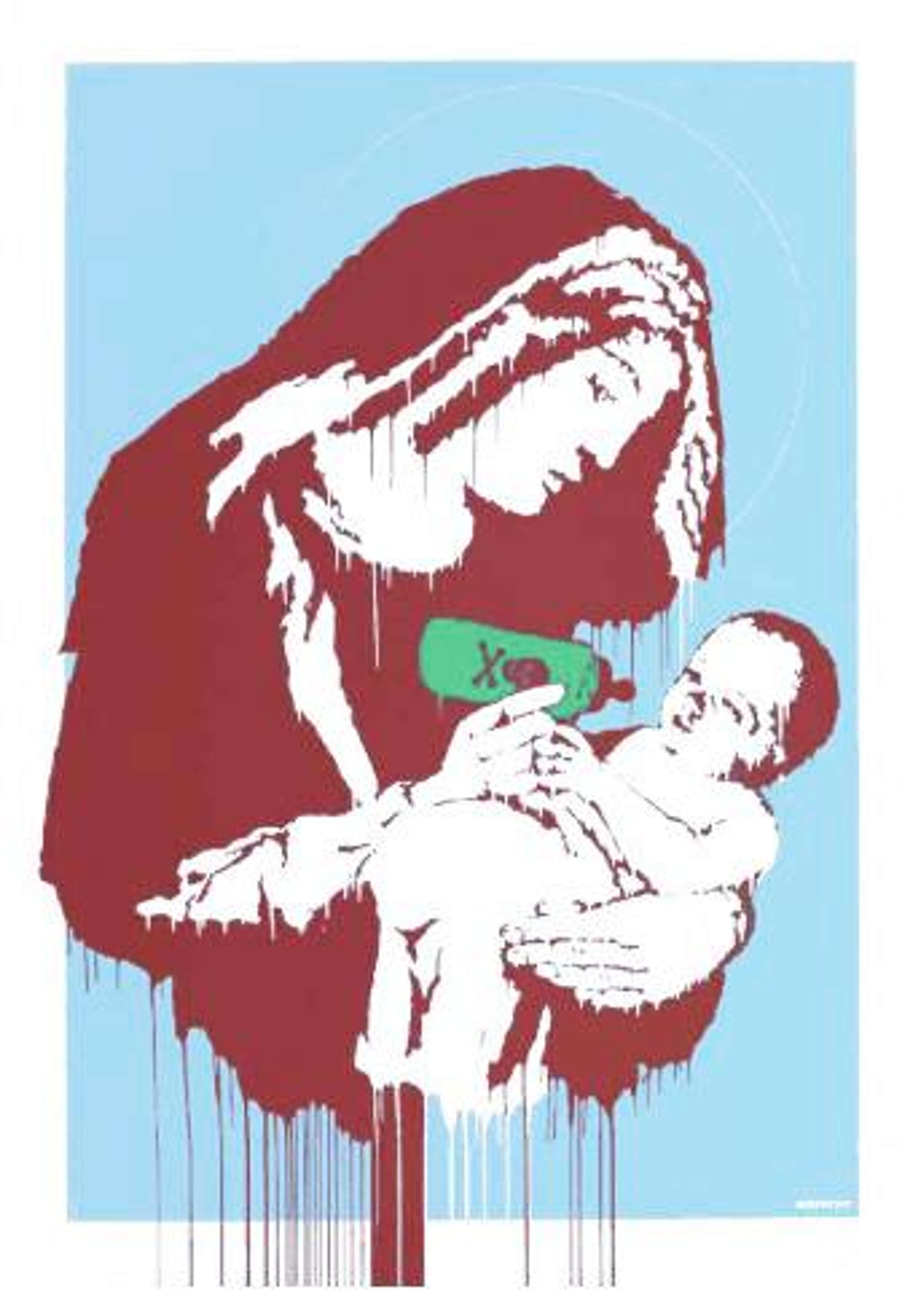 Banksy screenprint of the Virgin Mary holding a baby while wearing a gas mask in blue stencil style.
