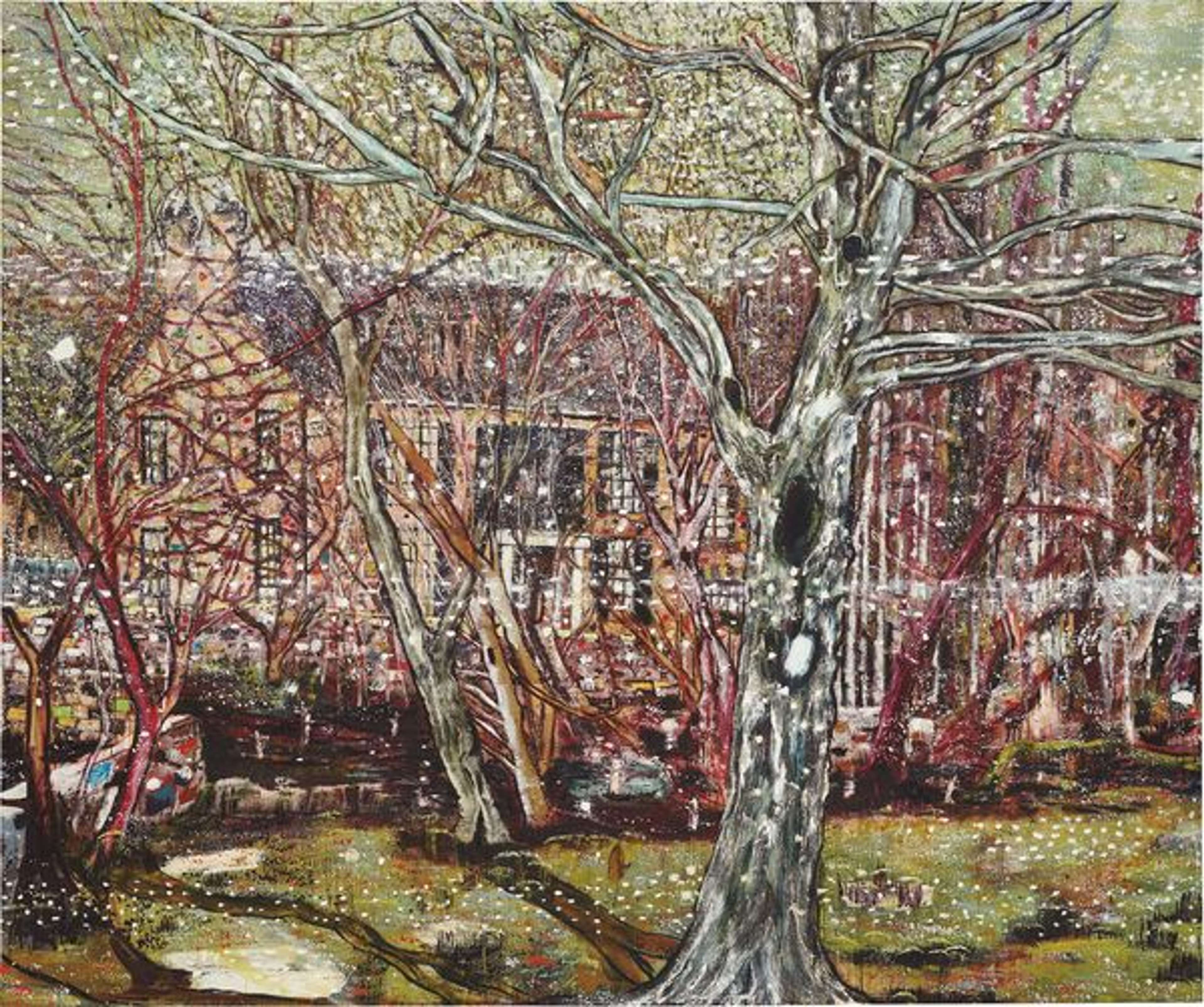 A diptych showing a reddish-pink structure partially obscured by an intricate network of tree branches. A prominent silver-white tree trunk divides the foreground, while the background reveals glimpses of a Modernist house through the dense pattern of branches. The painting creates a sense of looking through a natural screen at architecture, with swampy, earthy greens in the lower portion contrasting with the web-like silver branches and rusty red building elements behind them.