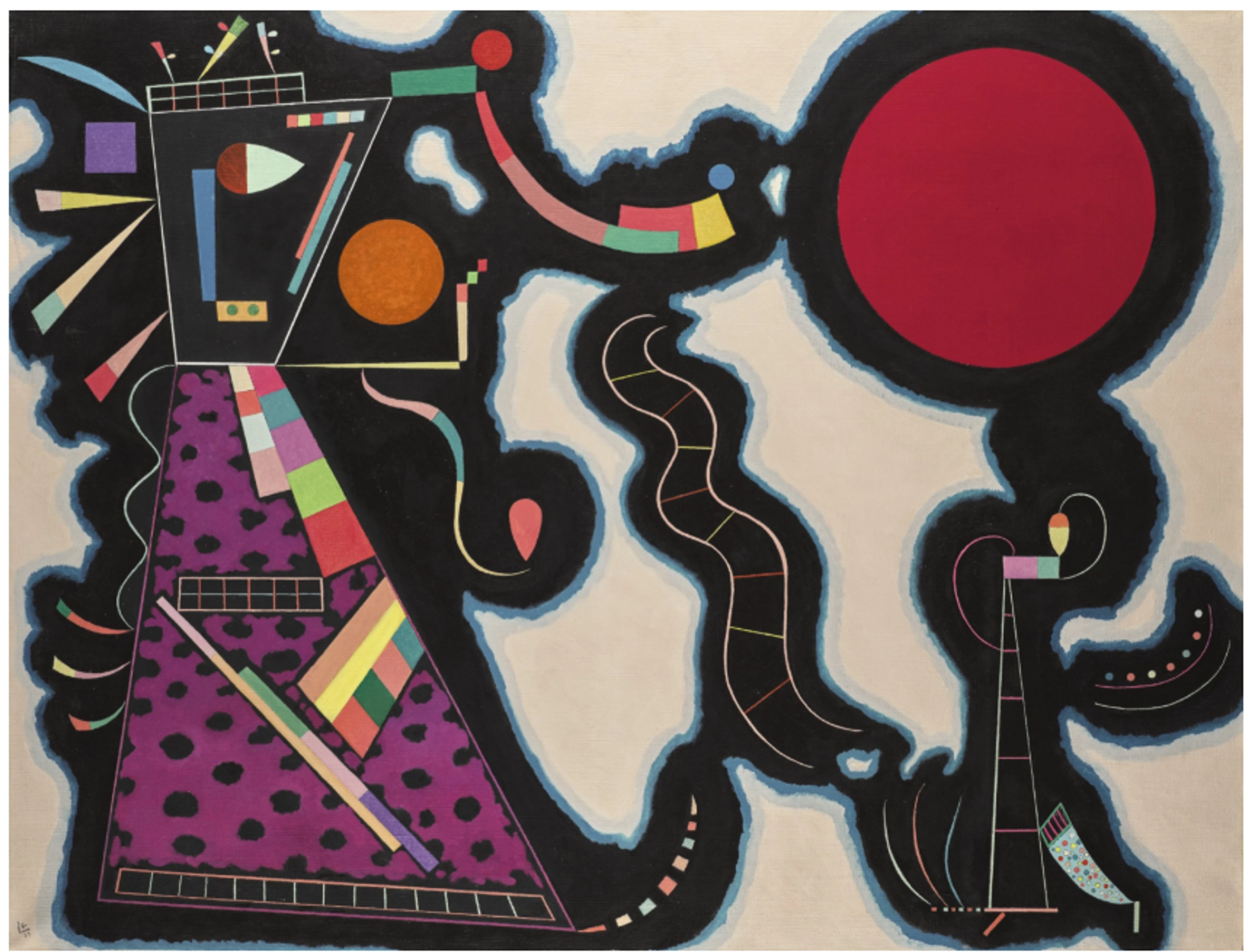 An abstract composition dominated by a large red circular form in the upper right and a prominent purple triangular shape on the left side that resembles a figure in profile. Black margins separate the circle and geometric figure from the neutral cream background and connect together a series of shapes, ladders, and lines. 