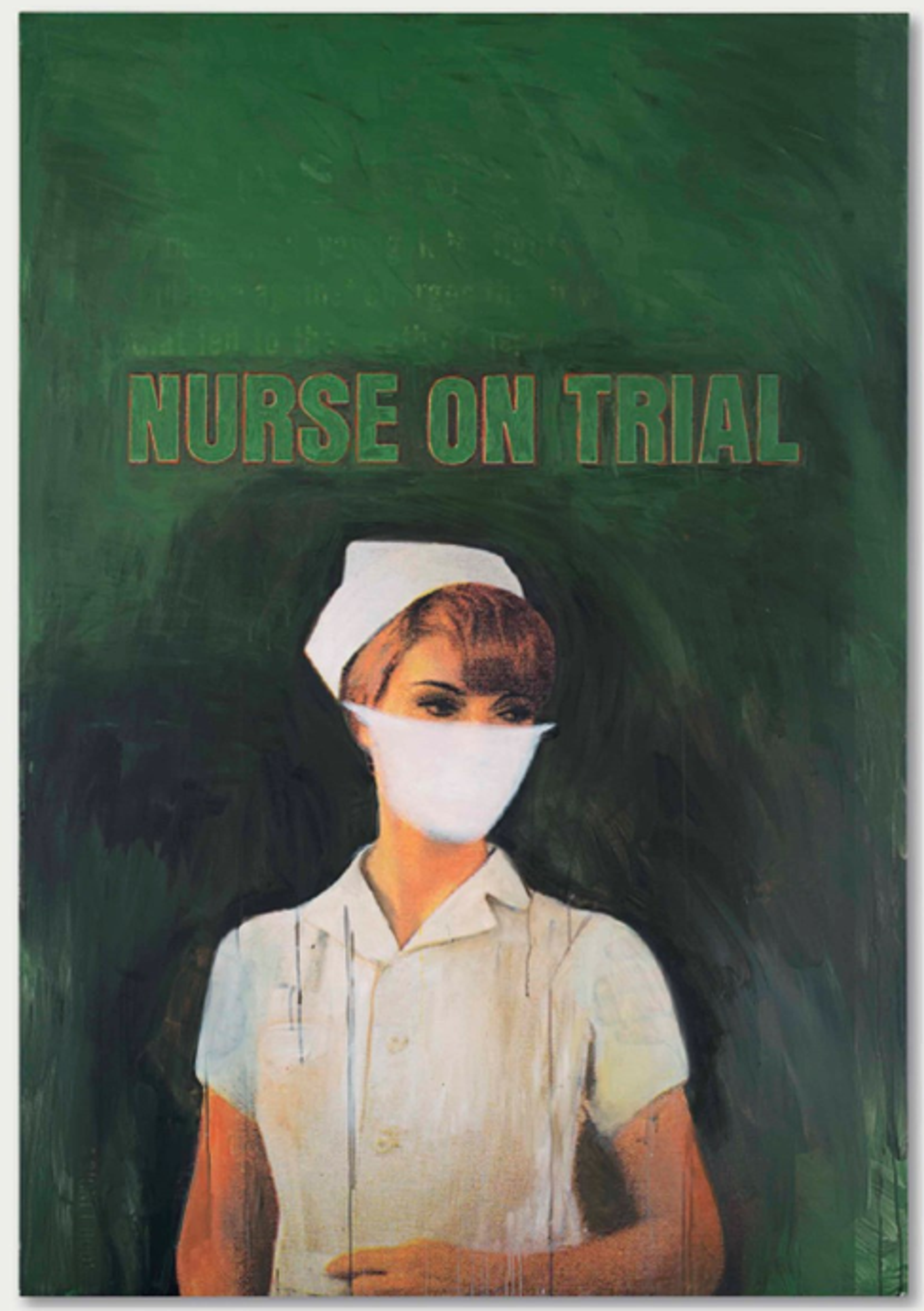 A figure in a light-coloured nurse's uniform with cap and mask against a dark green background. Her red hair is tied up, and she looks slightly away from the viewer to the right. The words “Nurse on Trial” appear in all caps above her head, in a lighter shade of green.