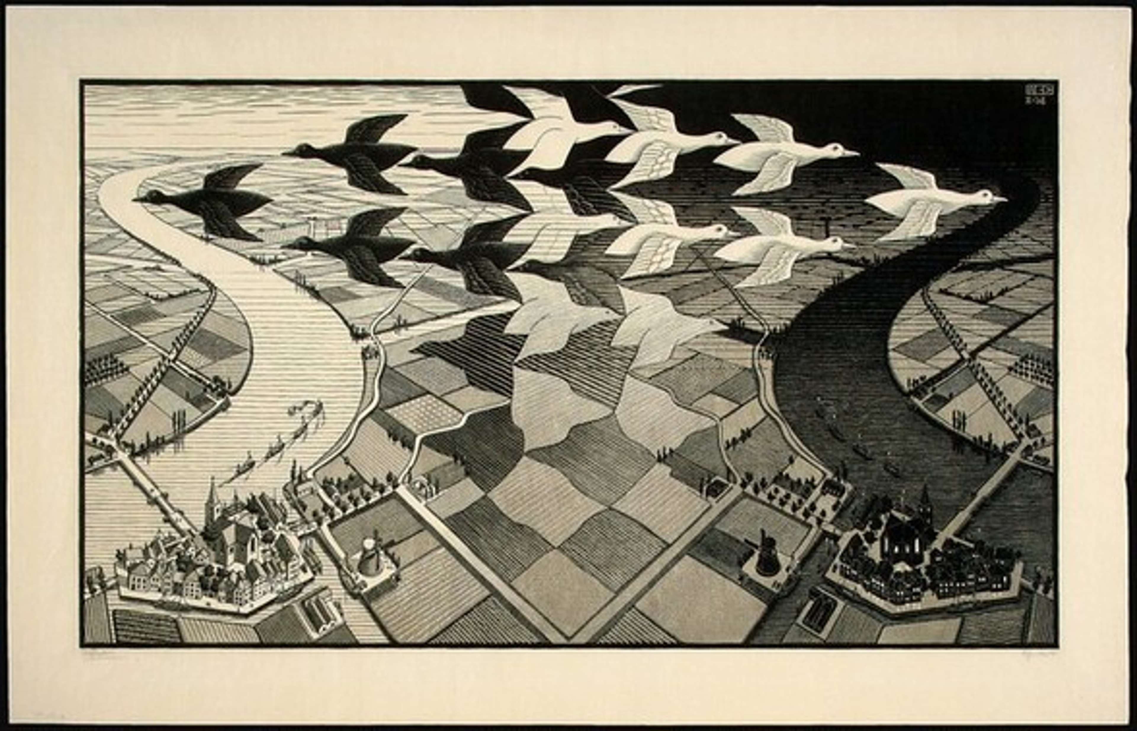 Estampe en noir et blanc, intitulée « Day and Night » de M.C. Escher, représentant deux paysages aux scènes contrastées et un motif en pavage d'oiseaux noirs et blancs au premier plan.