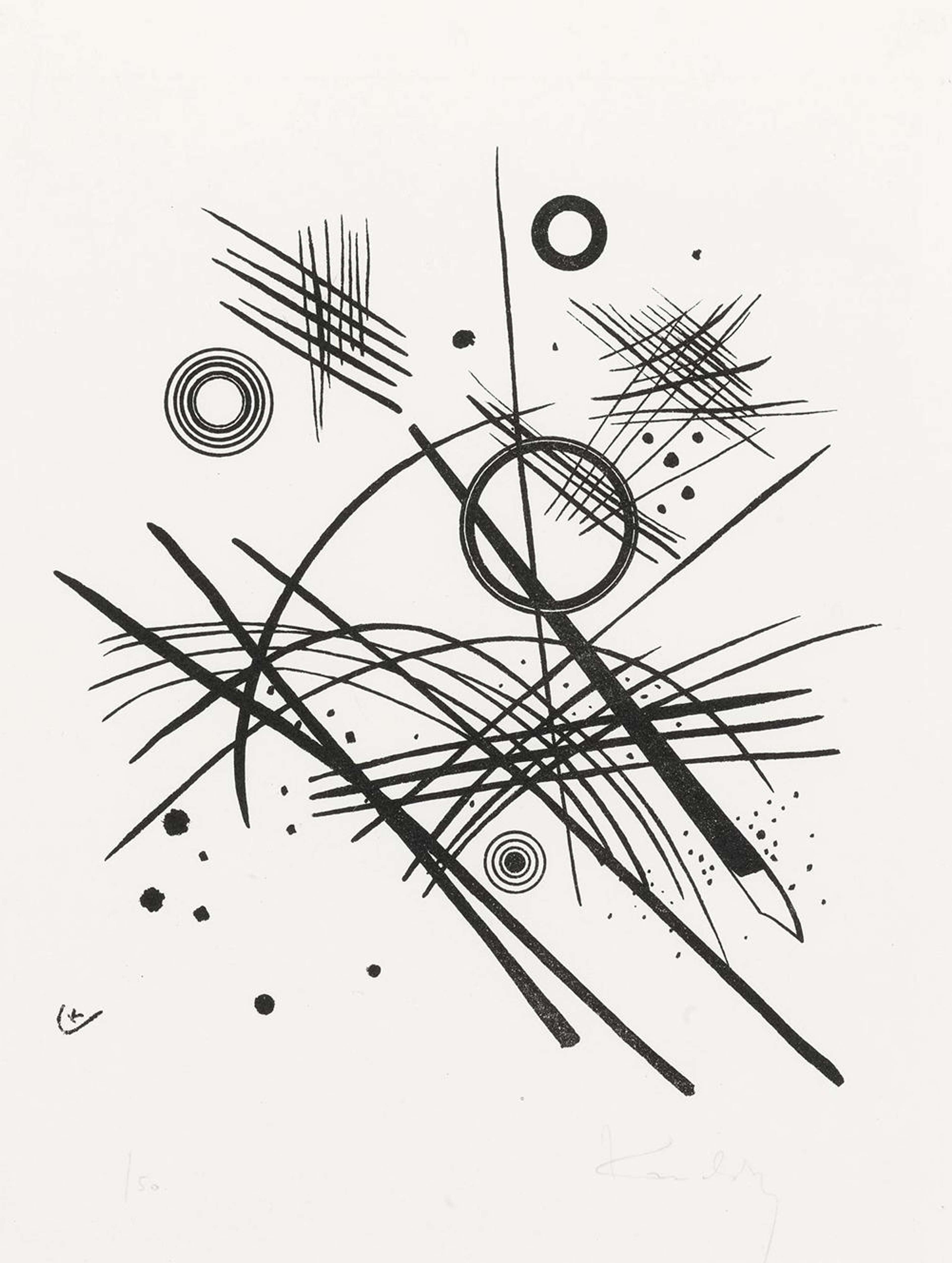 Une composition abstraite en noir et blanc présentant une série de lignes superposées, de courbes, de cercles et de gouttelettes d'encre. Bien que la composition soit libre et pleine d'énergie, on perçoit une nette sensation de restriction dans la limitation des formes utilisées, la palette de couleurs monochromatique et la précision des lignes. Les lignes se croisent presque systématiquement ou courent parallèlement les unes aux autres, et les cercles sont disposés à l'intérieur d'autres cercles.
