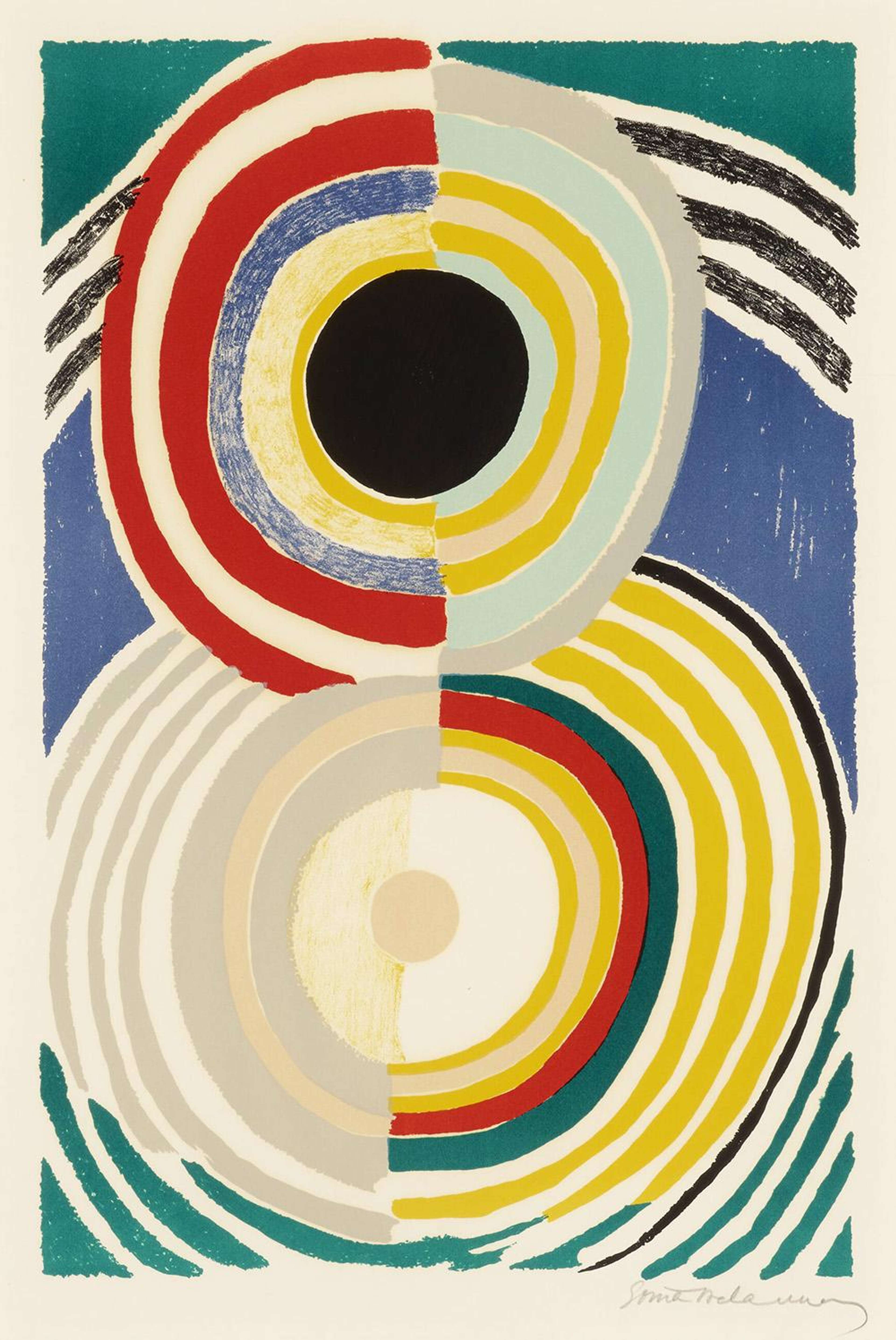 Lithographie abstraite composée de formes circulaires tourbillonnantes.