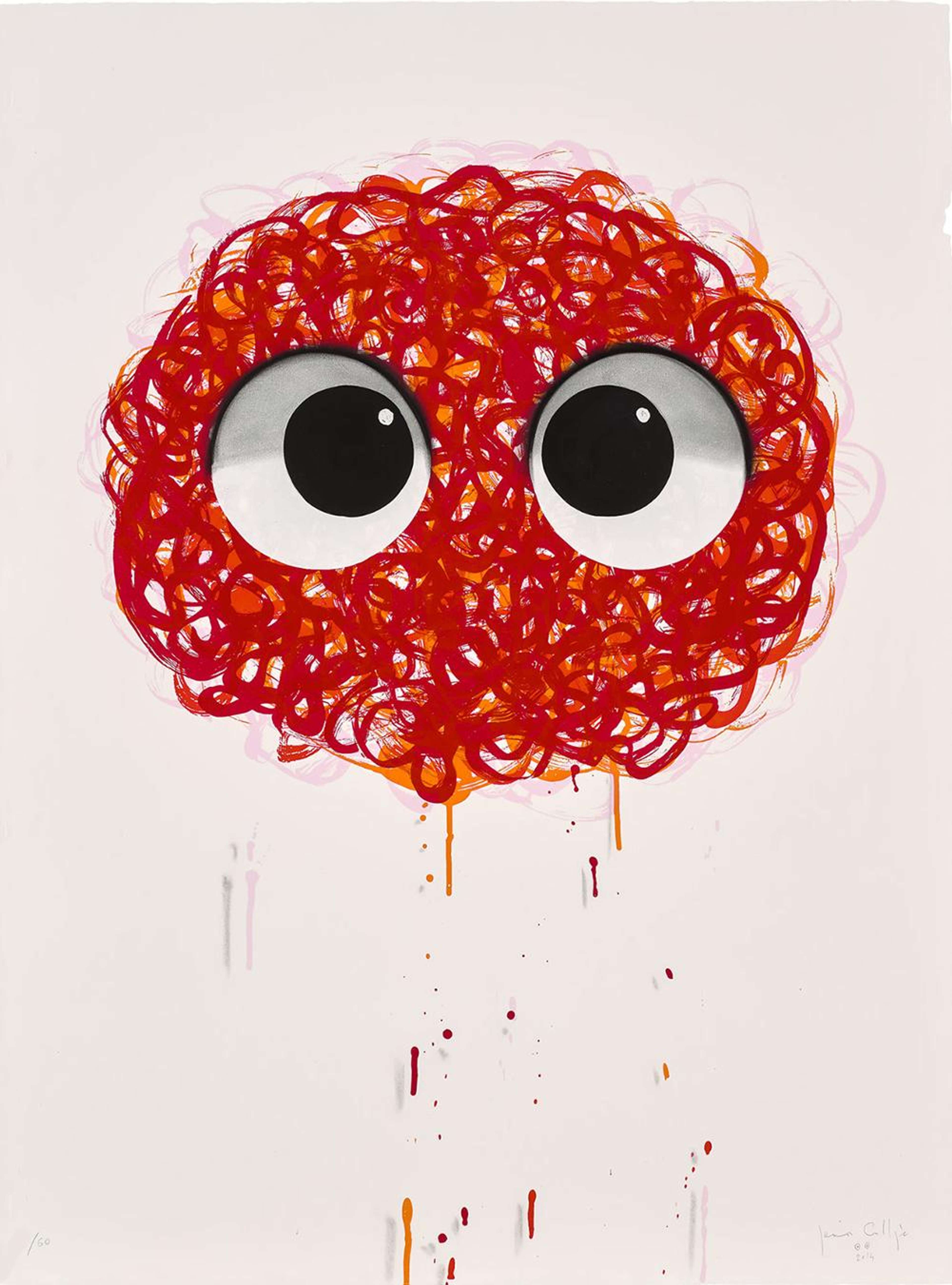 Au centre de l'image se trouve une tête ovale faite de volutes rouge-rose continues. Elle possède d'énormes yeux de dessin animé avec de grosses pupilles noires. Des gouttelettes de l'encre rouge-rose provenant de la tête semblent dégouliner sur la moitié inférieure de l'image, chacune étant dotée d'une ombre pour lui donner un aspect tridimensionnel.