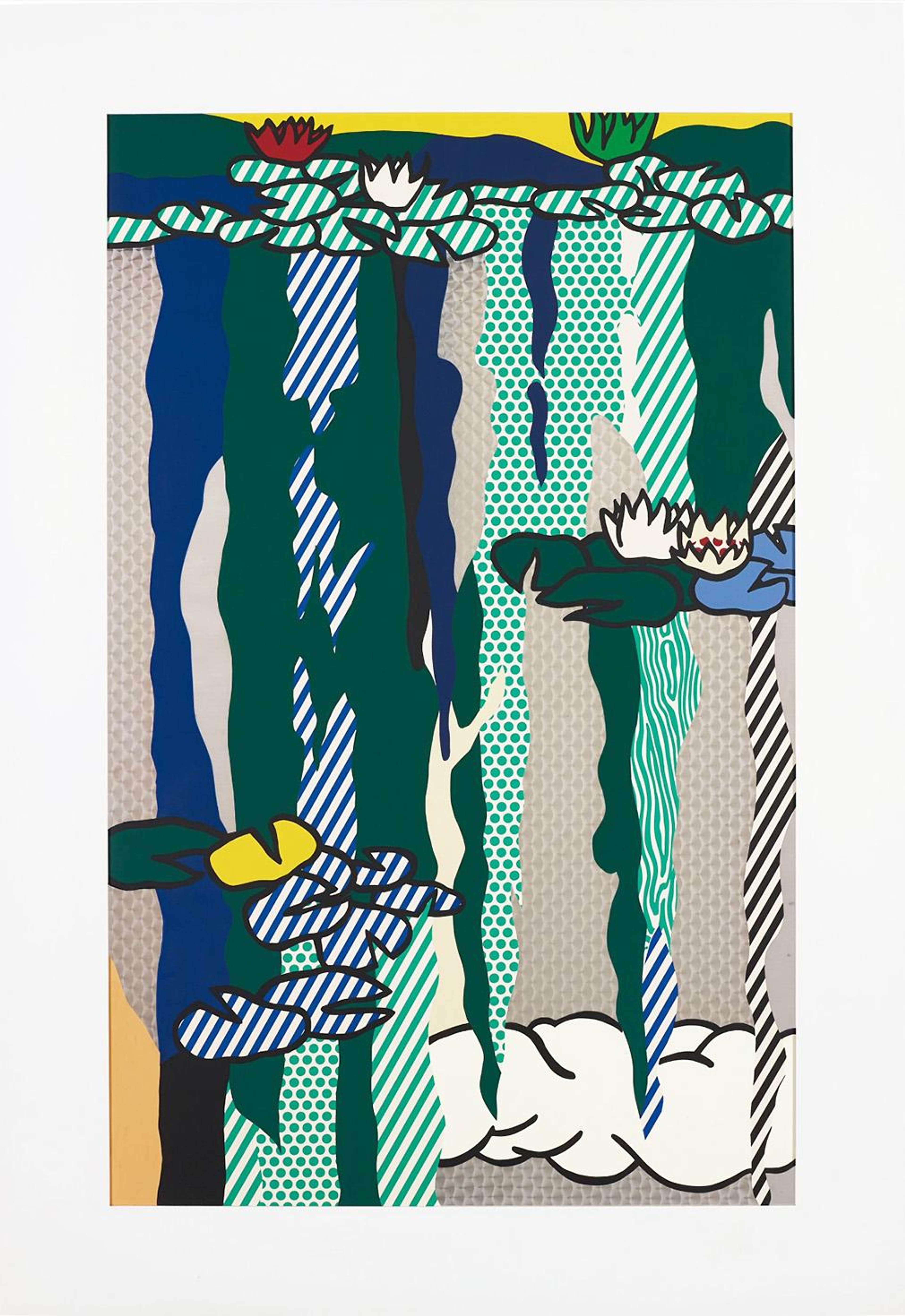 This image shows a print by Roy Lichtenstein. The dense composition incorporates thick diagonal lines, swirly patterns and Ben Day dots in saturated colours. Lichtenstein’s forms suggest vegetation and wood grain as well as the rippled and refracted surface of the water.