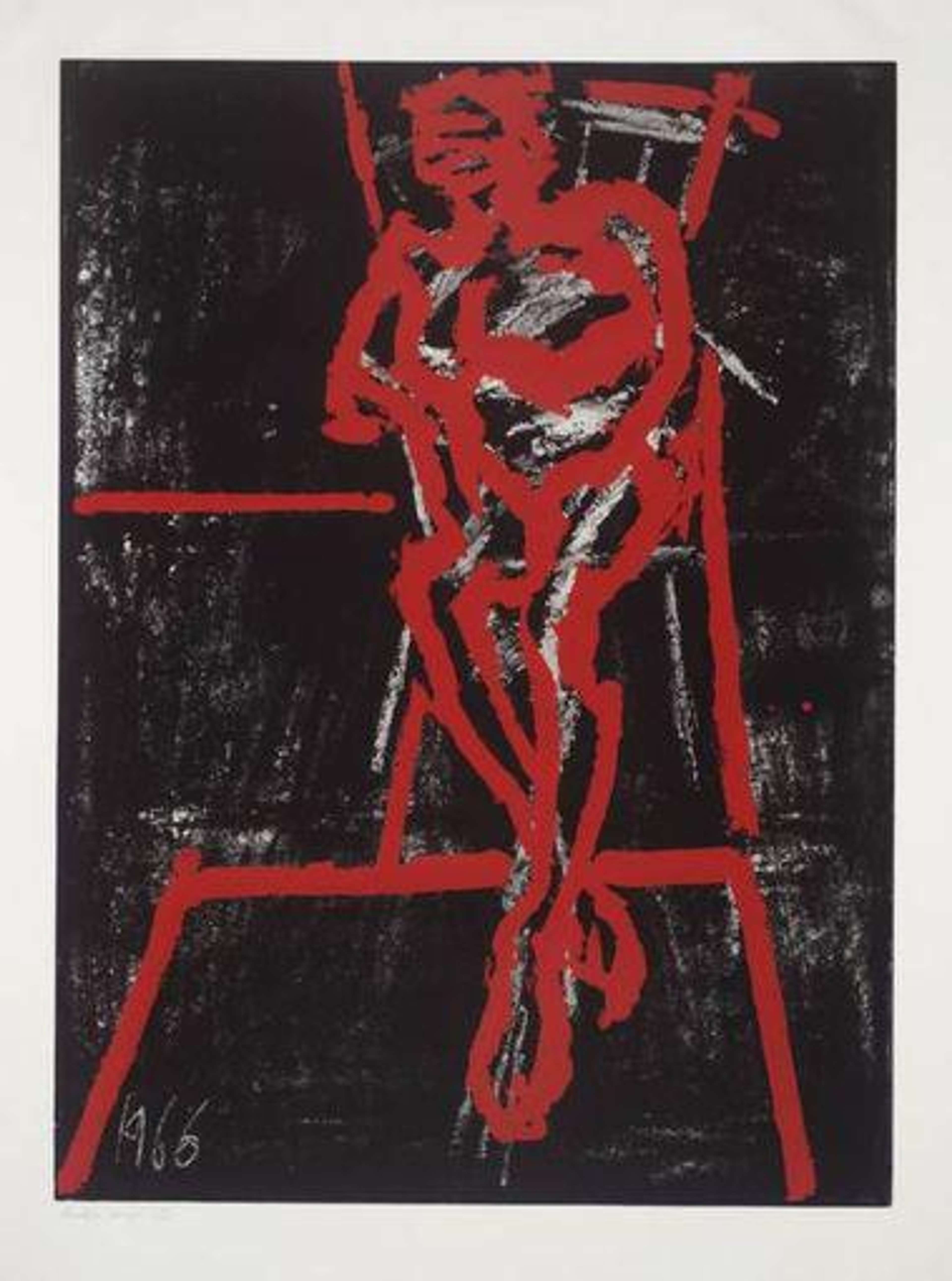 Figure assise abstraite construite à partir de lignes rouges sur fond noir