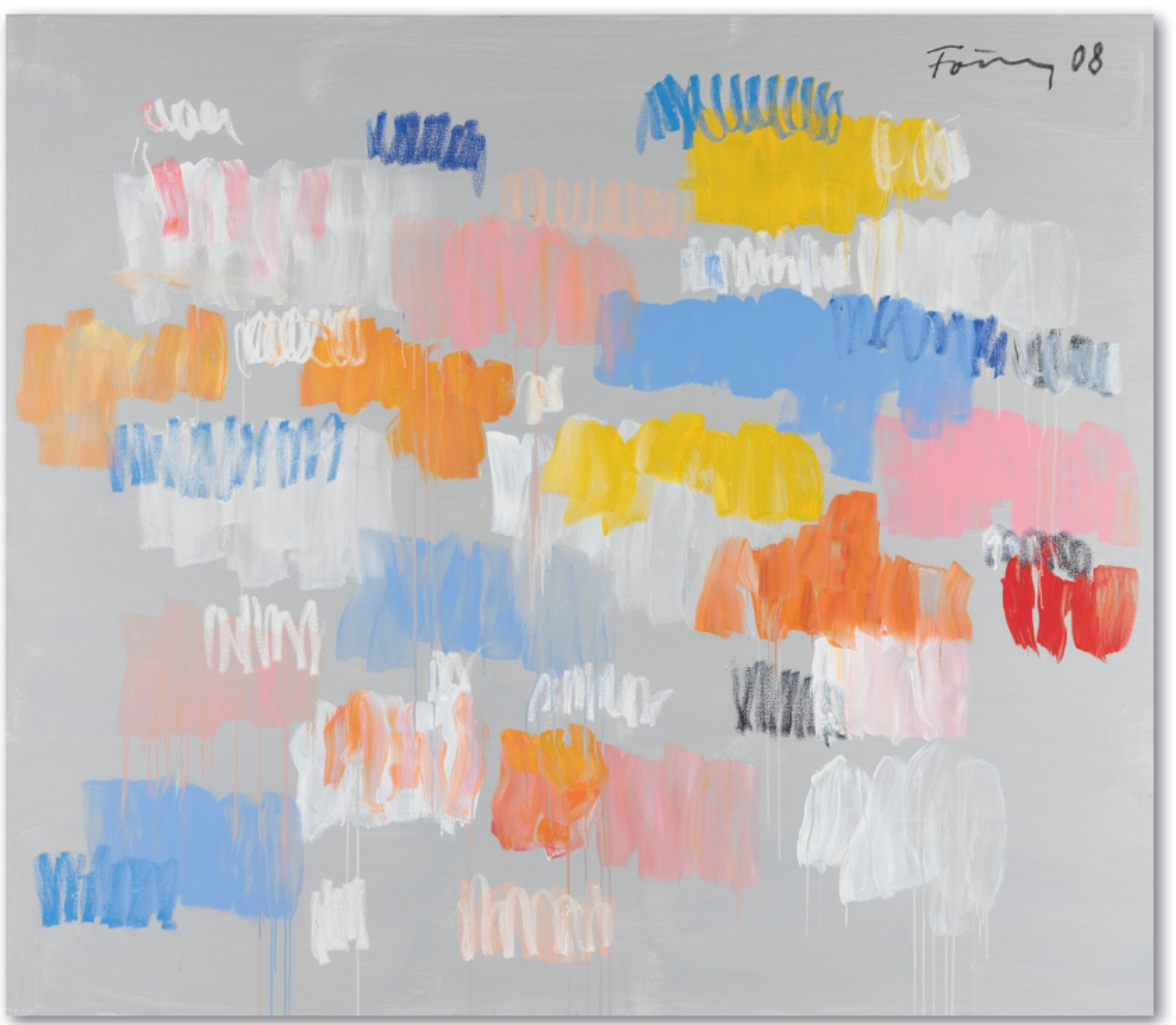 A square acrylic on canvas featuring a softer, more pastel colour palette with predominant blues, oranges, pinks, and yellows arranged in loose horizontal bands against a light grey background. The brushstrokes appear more organised than in other works, with a suggestion of linear arrangement.
