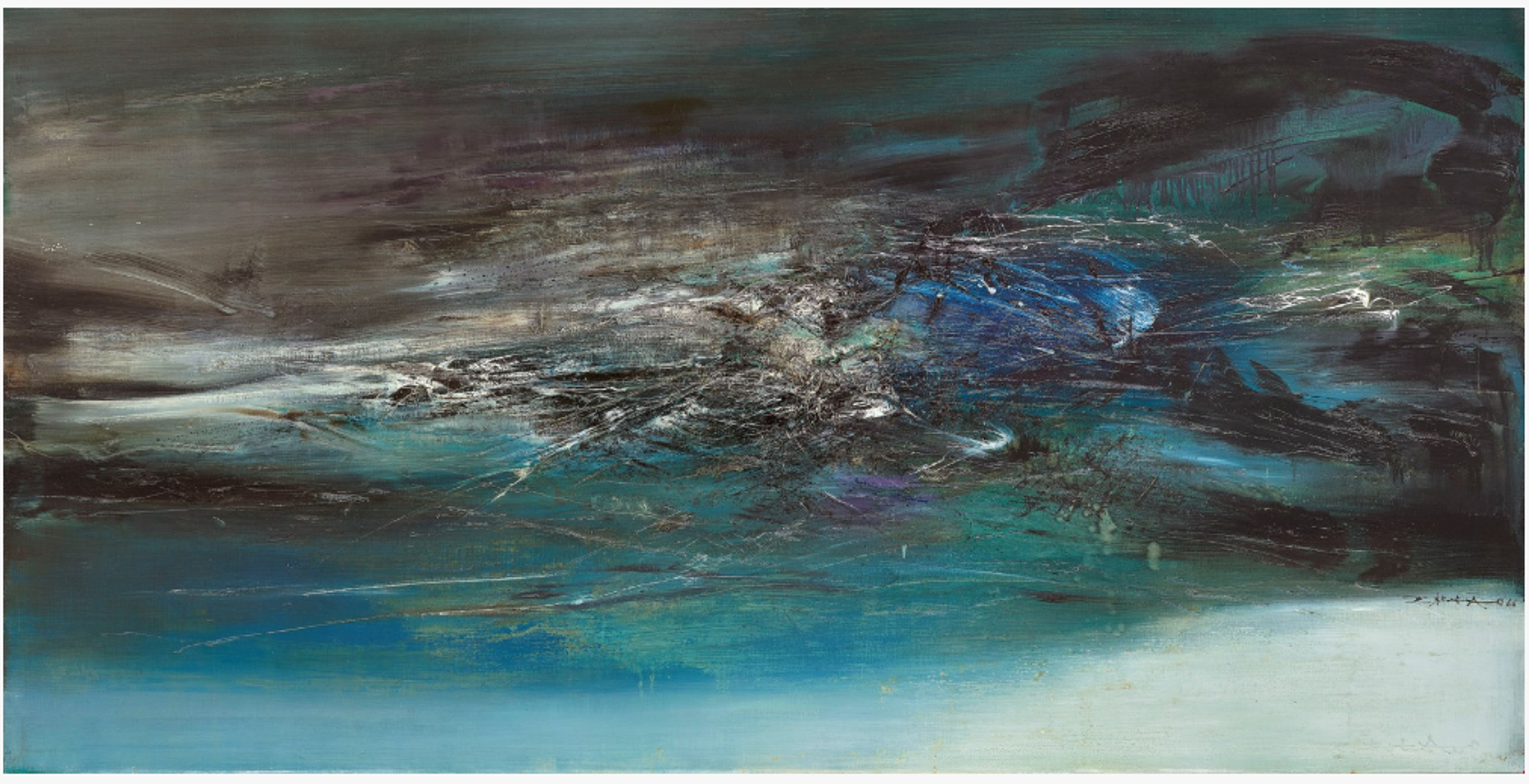 An abstract oil painting with dark blue-green brushstrokes flowing across the canvas. The composition features subtle layers of colour creating a sense of depth and movement, with darker tones dominating the piece, reminiscent of a turbulent seascape or atmospheric landscape.