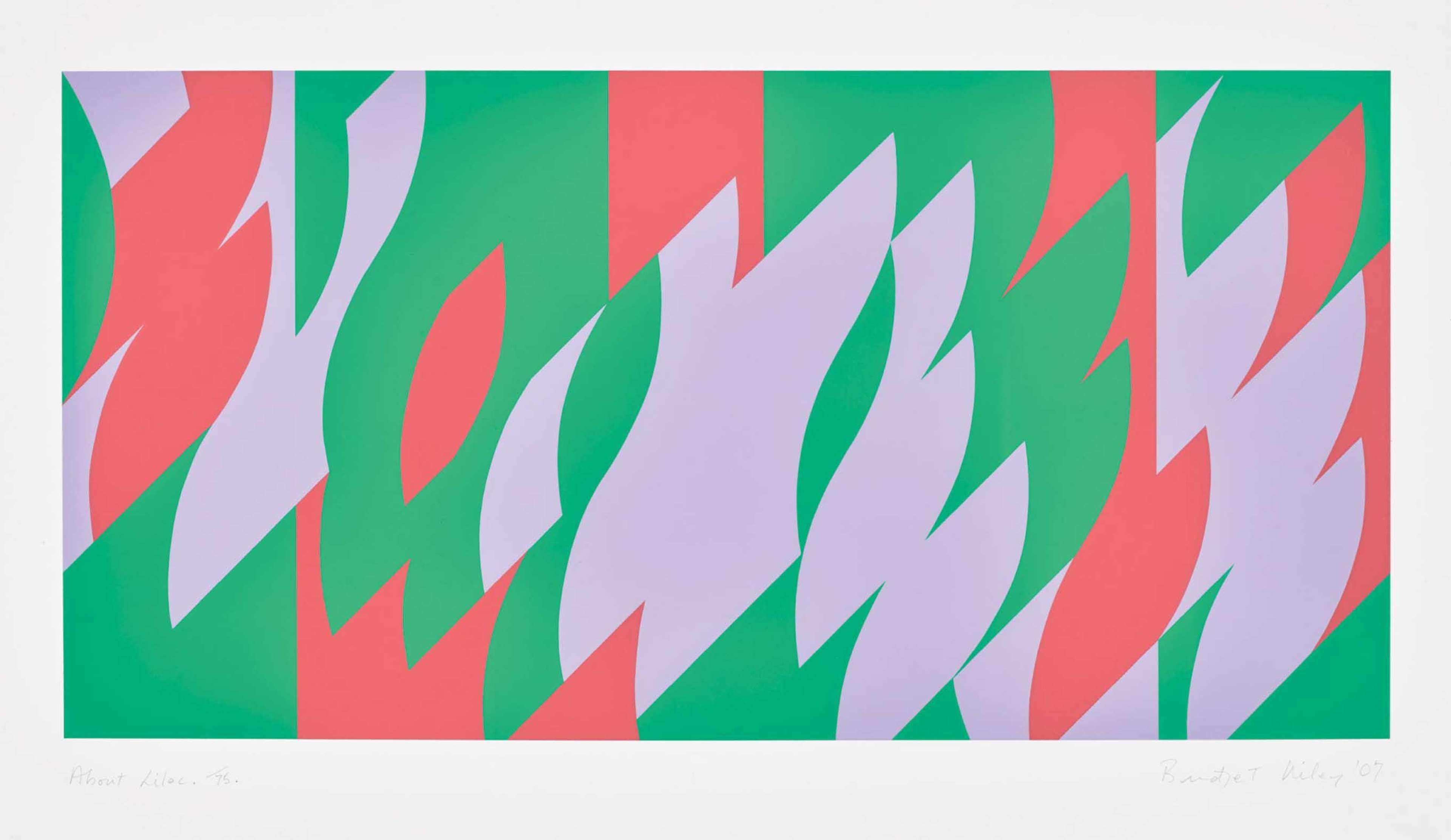 « About Lilac » de Bridget Riley. Une sérigraphie illusionniste composée de formes géométriques vertes, lilas et roses.
