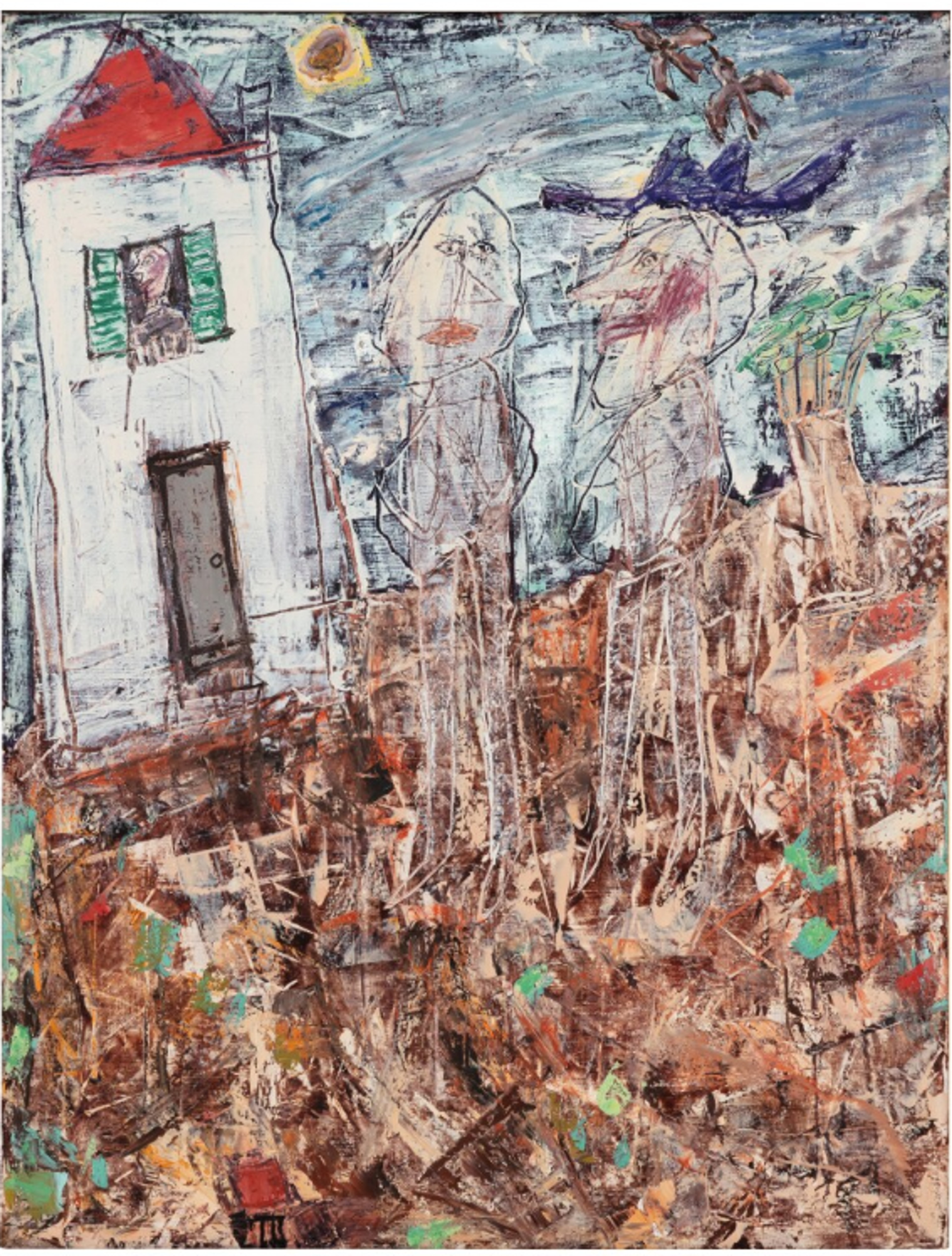 A semi-abstract painting depicting a childish white house against a textured, sketchy landscape rendered in earthy browns with touches of colour. Two roughly-drawn figures stand in the foreground, one wearing a blue hat. The brushwork is loose and expressive.