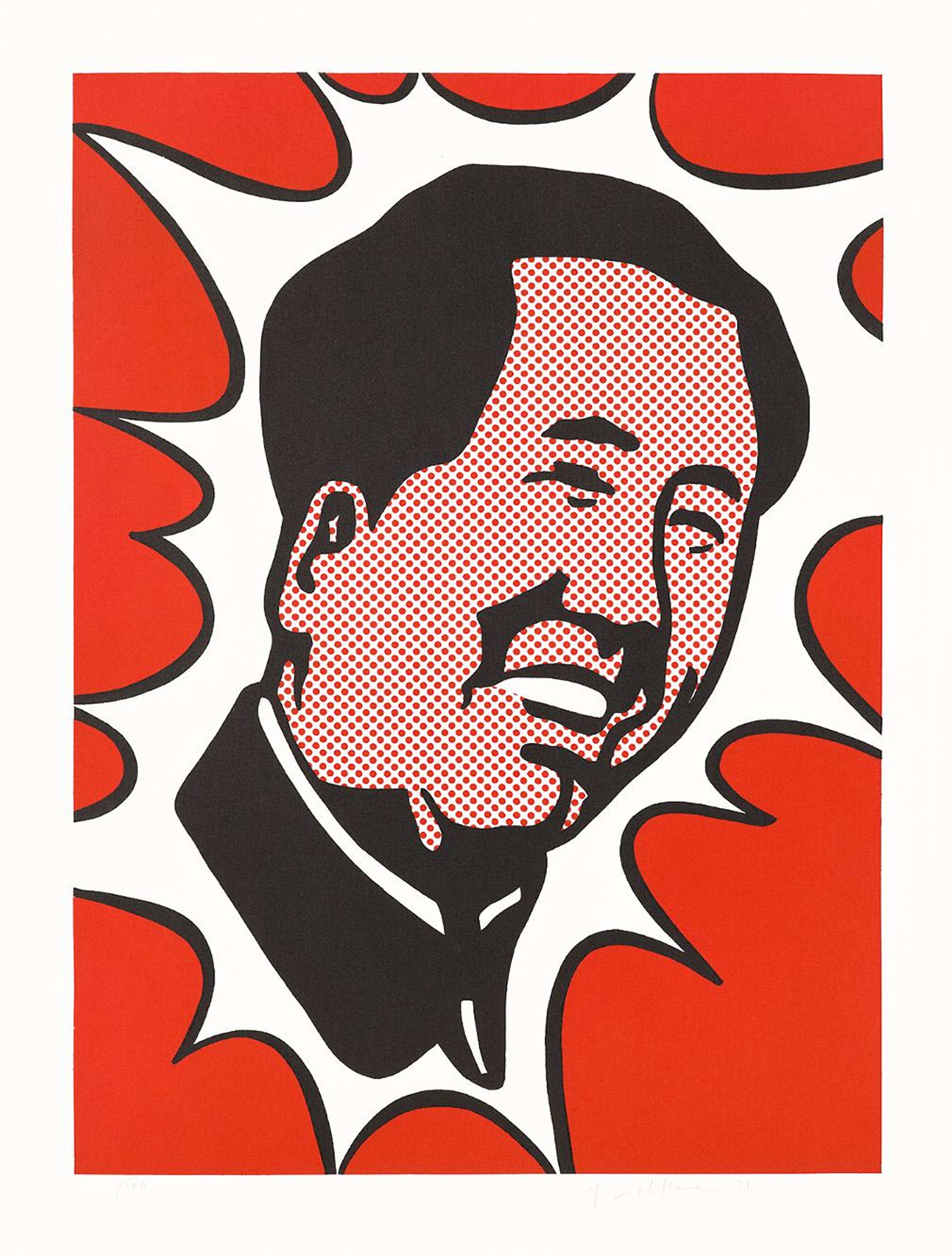 Un portrait du Président Mao avec une palette de couleurs rouge et noir affirmée.