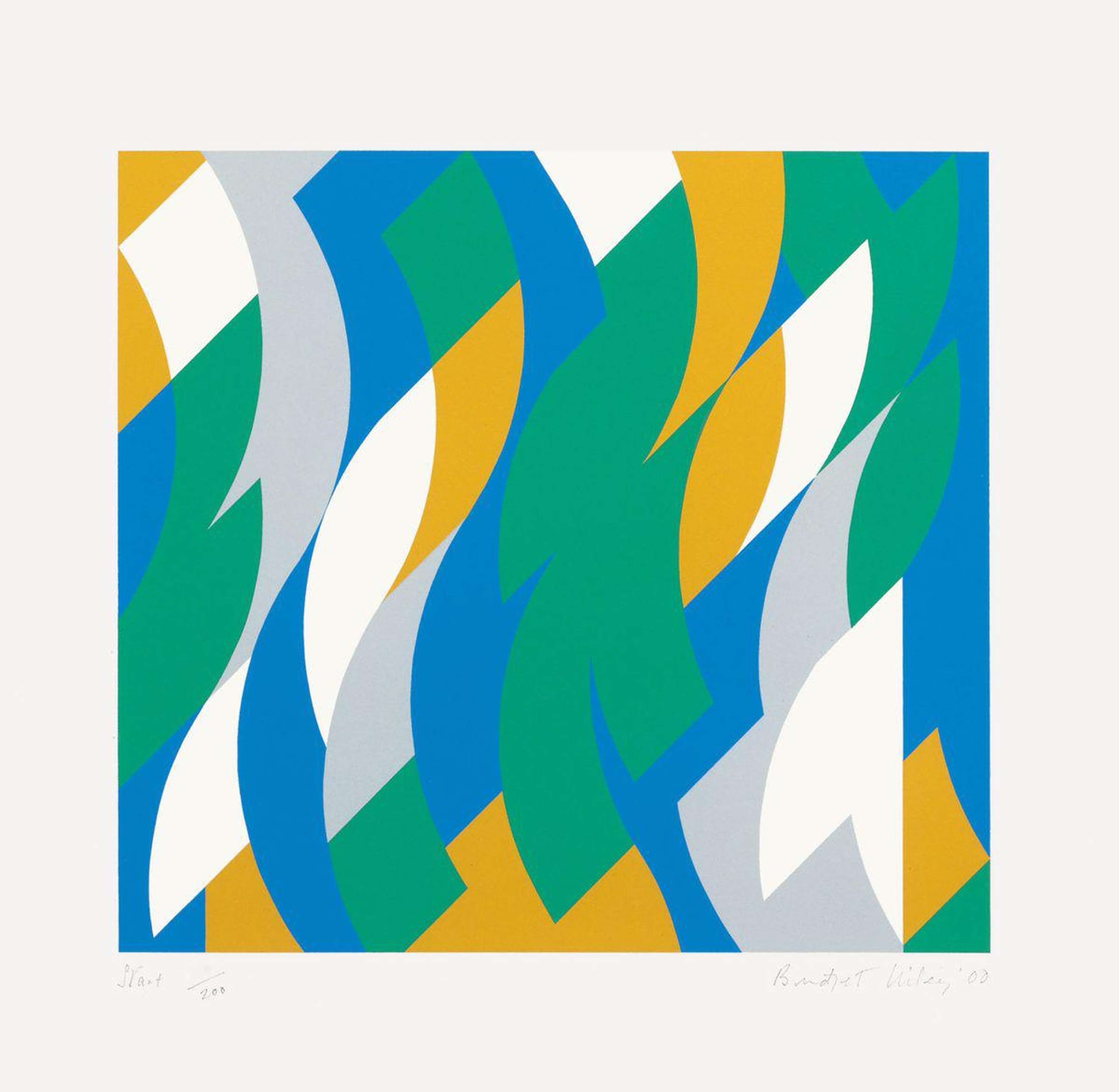 Une lithographie en couleurs de David Hockney, intitulée « Pool Made With Paper And Blue Ink For Book », représentant une piscine baignée de soleil dont l'eau turquoise éclatante occupe presque toute la composition, animée par une grille quadrillée de carreaux pâles et des touches de pinceau cobalt plus sombres qui évoquent des ondulations. L'œuvre présente un plongeoir orange incliné et un rebord blanc coupant le bord supérieur, avec une pelouse vert vif au-delà, créant un cadre net et géométrique autour de l'étendue bleu profond. Exécutée en 1980 dans le cadre de la série « Paper Pools » de Hockney, dans le style Pop Art, elle porte la signature au crayon de l'artiste dans la marge inférieure droite et a été éditée à 1 000 exemplaires signés.