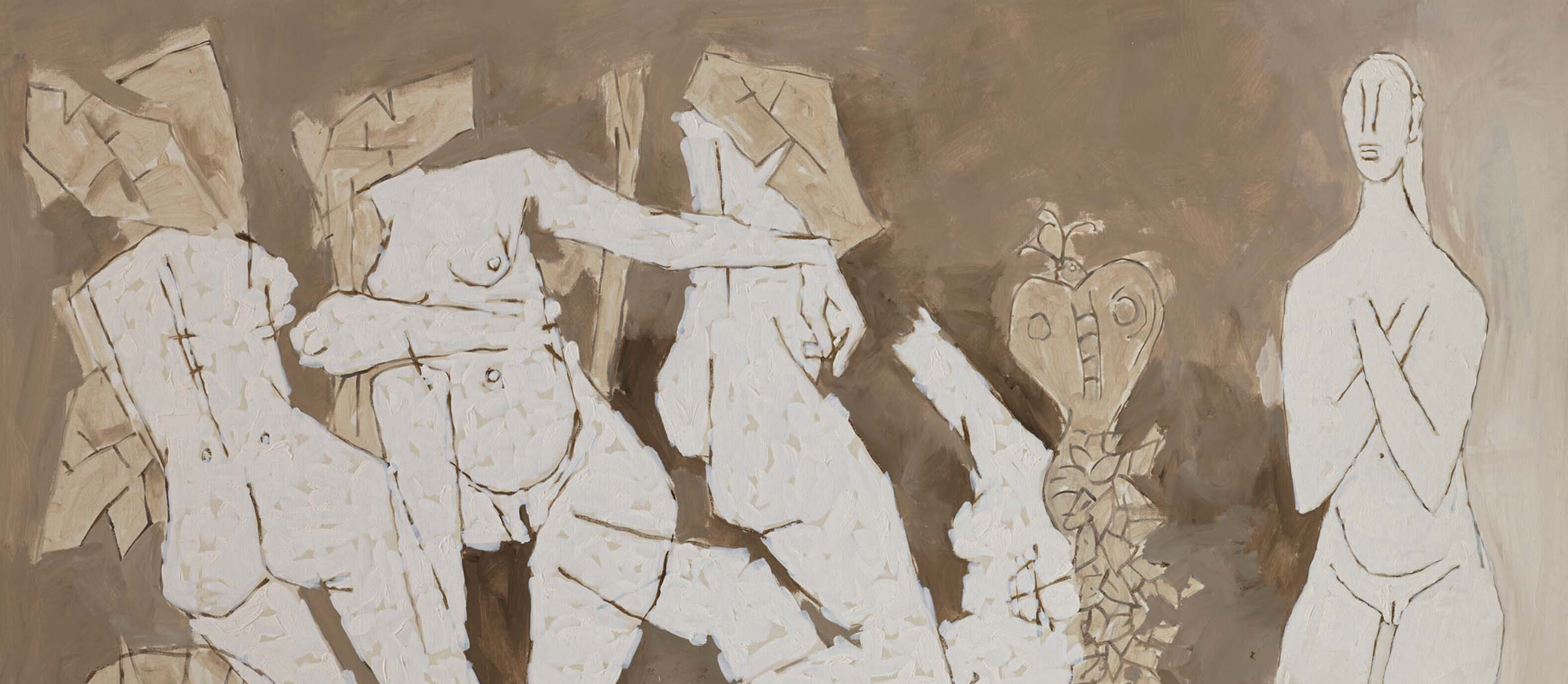 A composition featuring five spectral, headless female figures and a serpent (naga) rendered in muted tones of beige, brown, and white against a slightly darker background. The figures appear ethereal and fluid, their forms simplified yet expressive. The serpent motif winds through the composition, connecting the figures in a symbolic relationship. Husain's characteristic linear style defines the contours while allowing the forms to remain somewhat transparent and dreamlike.