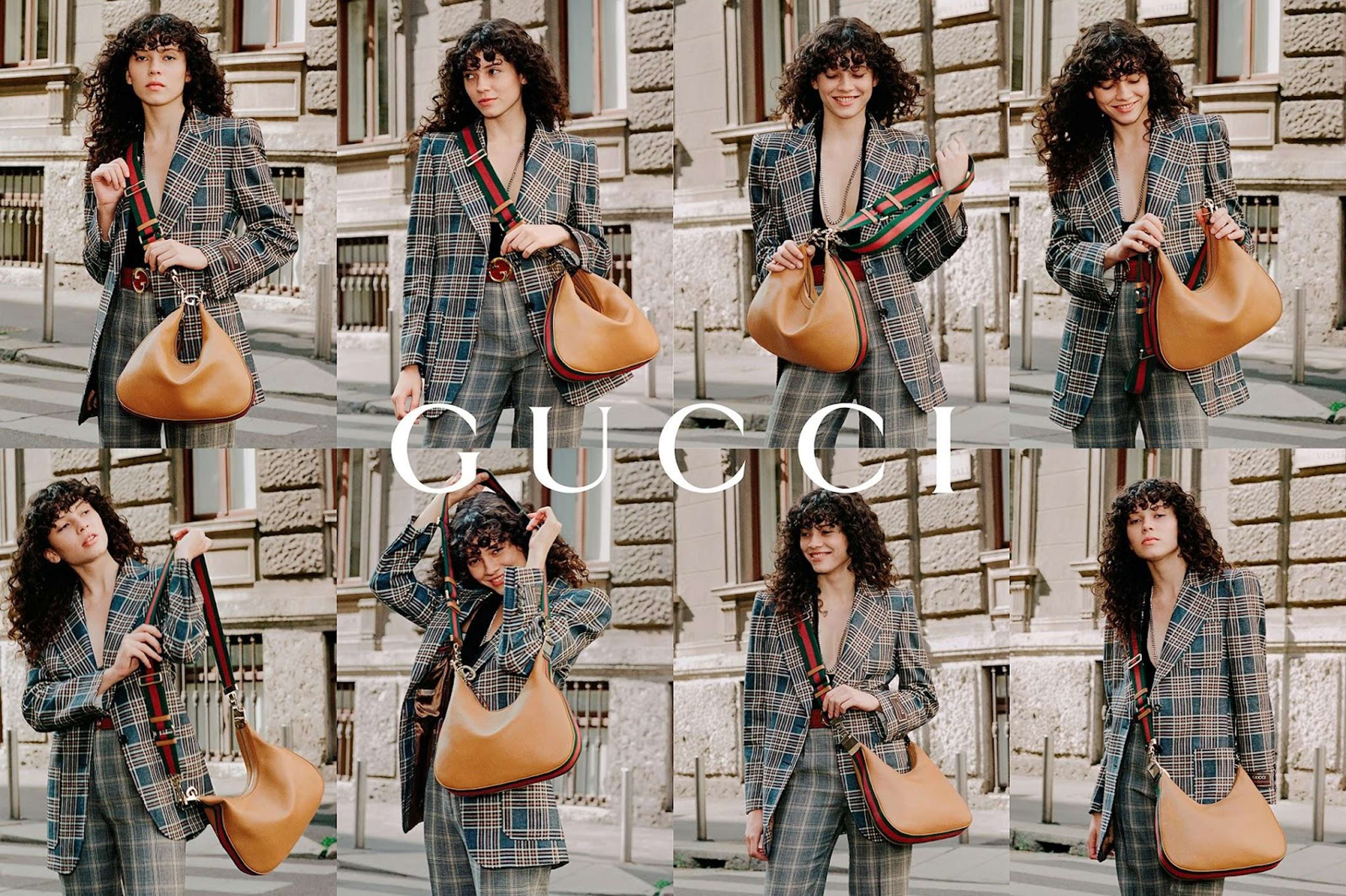 Un collage de huit images d'un mannequin, portant un costume à motif tartan et un sac Gucci Attaché.