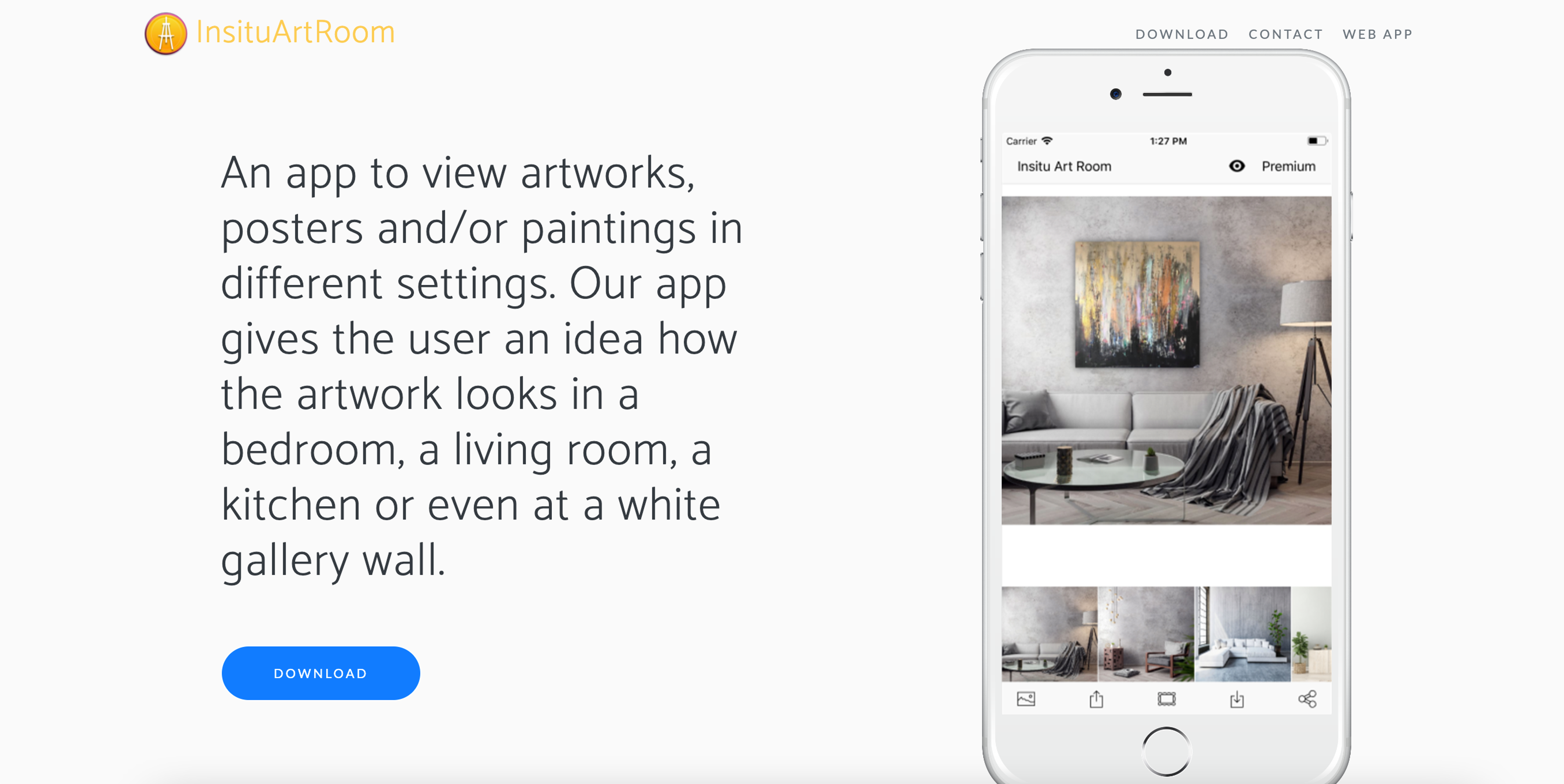 Une capture d'écran de la page d'accueil de la plateforme InSitu Art Room, montrant un téléphone portable affichant une pièce avec des peintures exposées.
