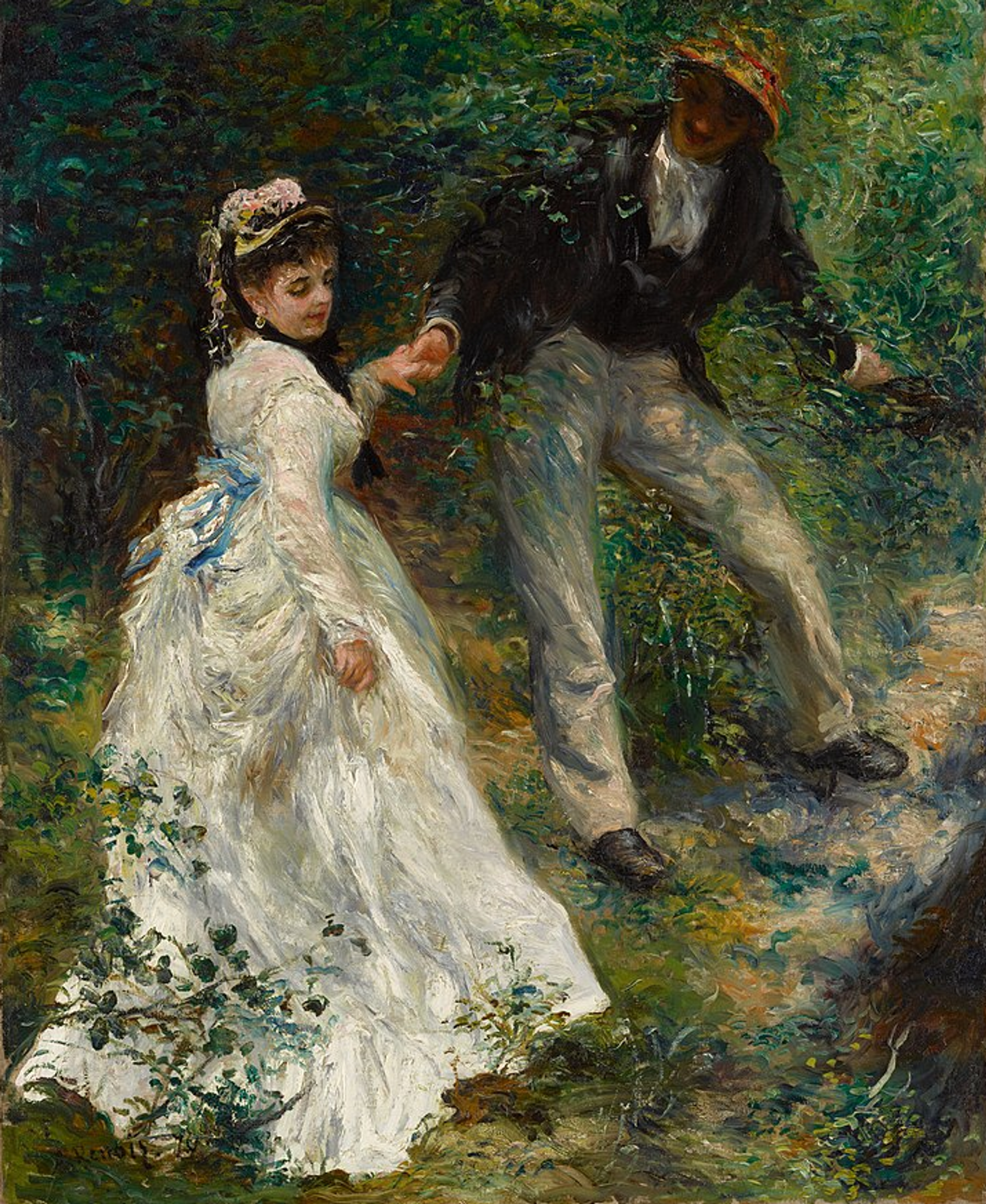 A couple in a lush green setting. A woman in a flowing white dress and bonnet is being led by the hand by a man partially obscured by the shade. The painting captures light filtering through trees with the impressionist's characteristic broken brushwork.