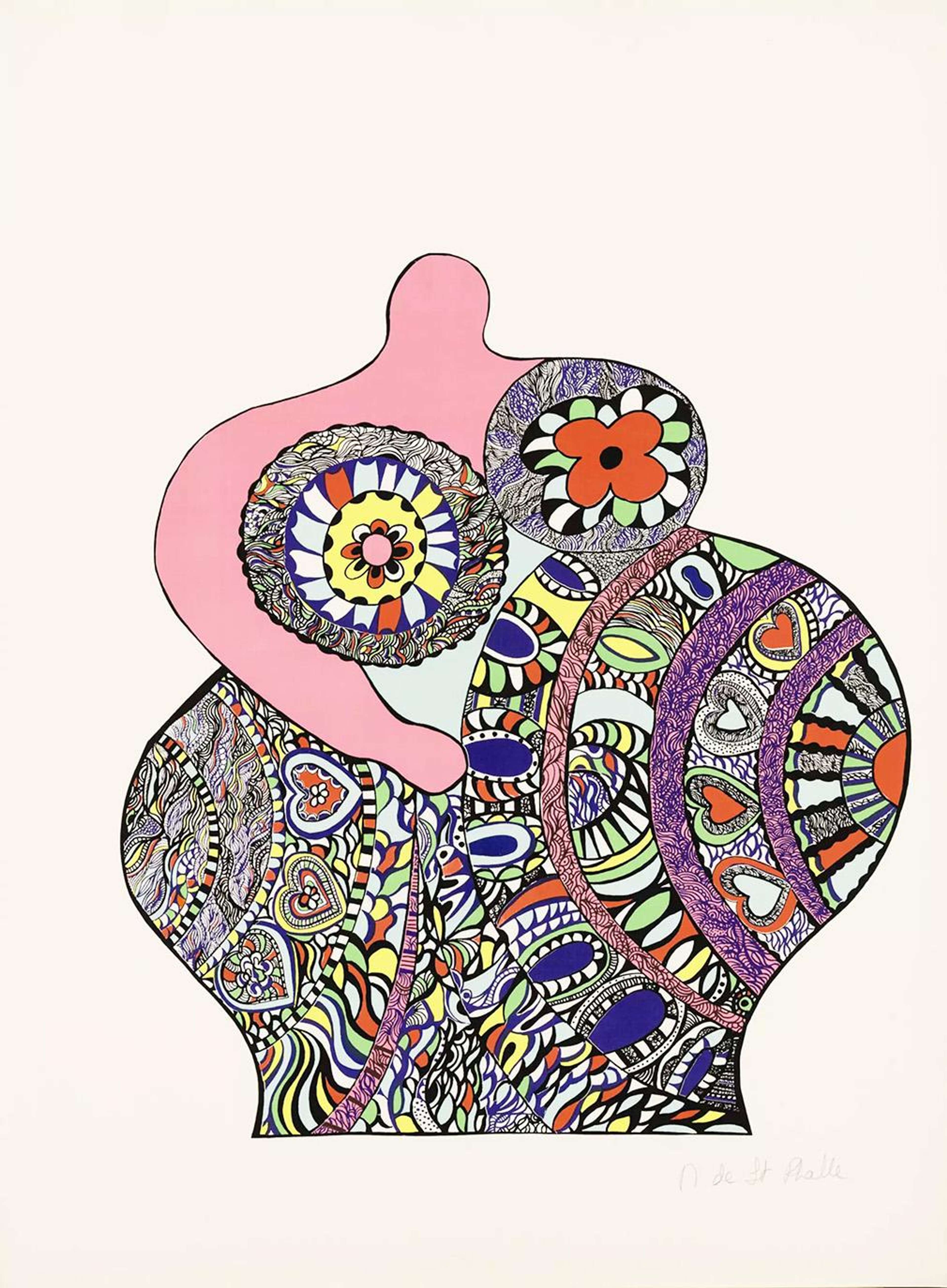 Une sérigraphie représentant une femme aux formes généreuses, sans tête. Sa peau est rose et elle porte une robe bustier ornée de cercles complexes qui accentuent ses courbes ainsi que la forme de sa poitrine et de son abdomen.