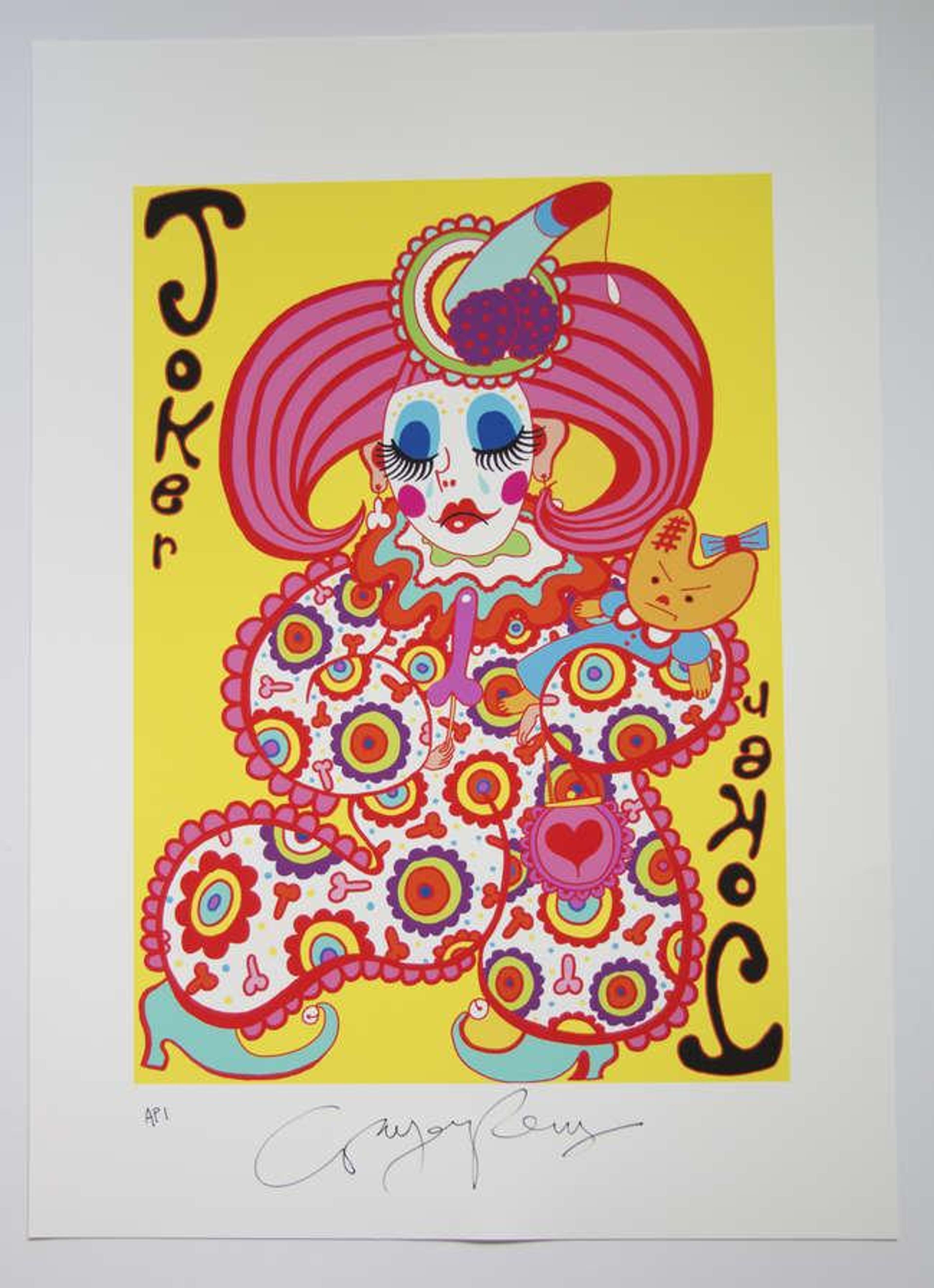 Peinture de Grayson Perry représentant un personnage de bouffon dans des tons vifs de rouge, d'orange et de rose, tenant l'ours en peluche de Perry, Alan Measles, sur un fond uni jaune vif.