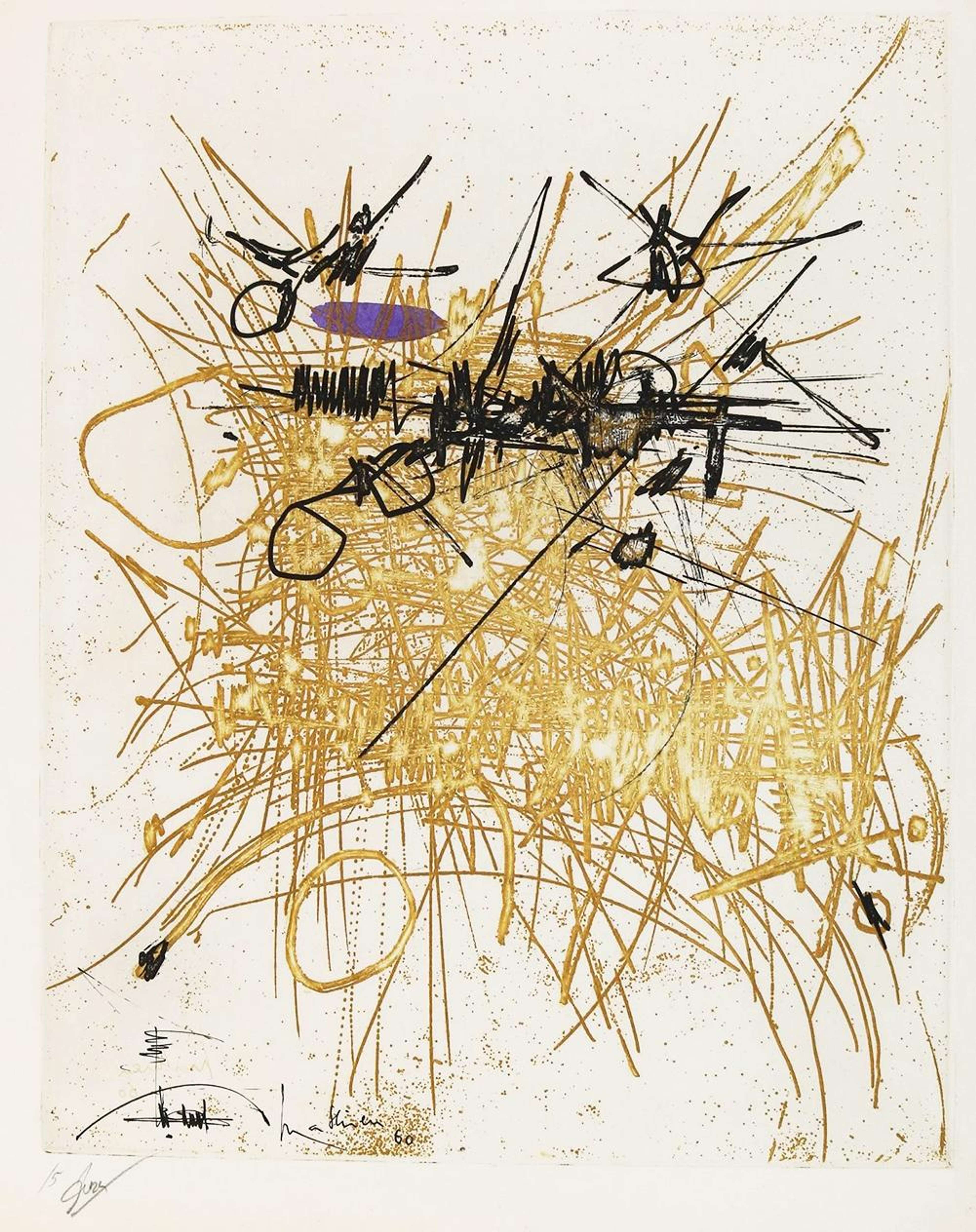 Une composition d'encre d'or et noire. L'or est la couleur la plus présente, avec des traits râpeux et répétitifs, qui rappellent des caractères calligraphiques agressifs, couvrant la majeure partie de l'arrière-plan. Dans la moitié supérieure, par-dessus l'encre d'or, se trouve une série de lignes, de courbes et de cercles noirs. Un petit ovale violet apporte une touche de couleur supplémentaire.
