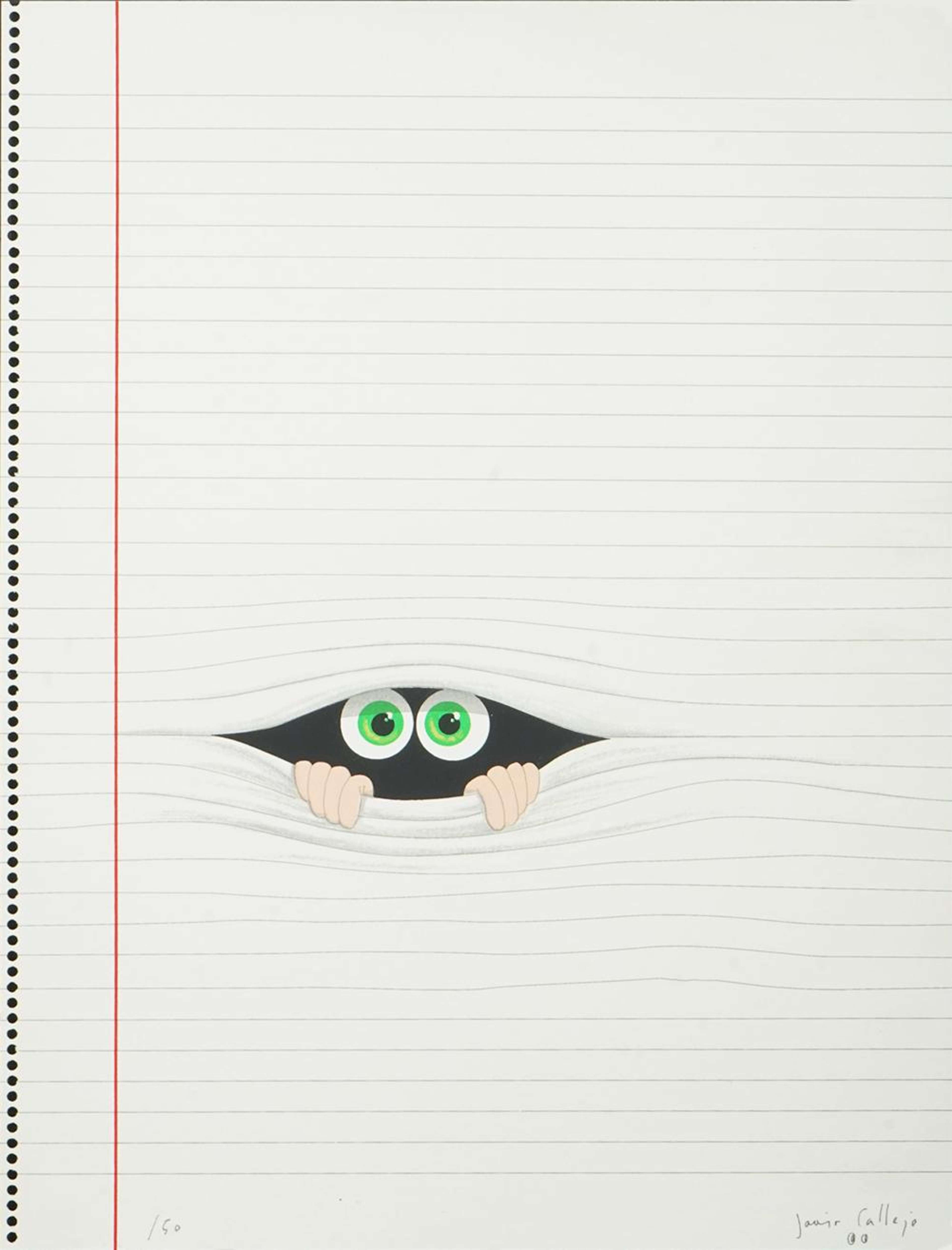 Une page d'un cahier ligné à spirale, avec sa marge rouge. Un peu plus de la moitié de la page, les lignes semblent écartées comme si la page était ouverte par derrière. Deux petites mains et deux grands yeux verts, écarquillés, regardent depuis l'espace sombre au-delà.
