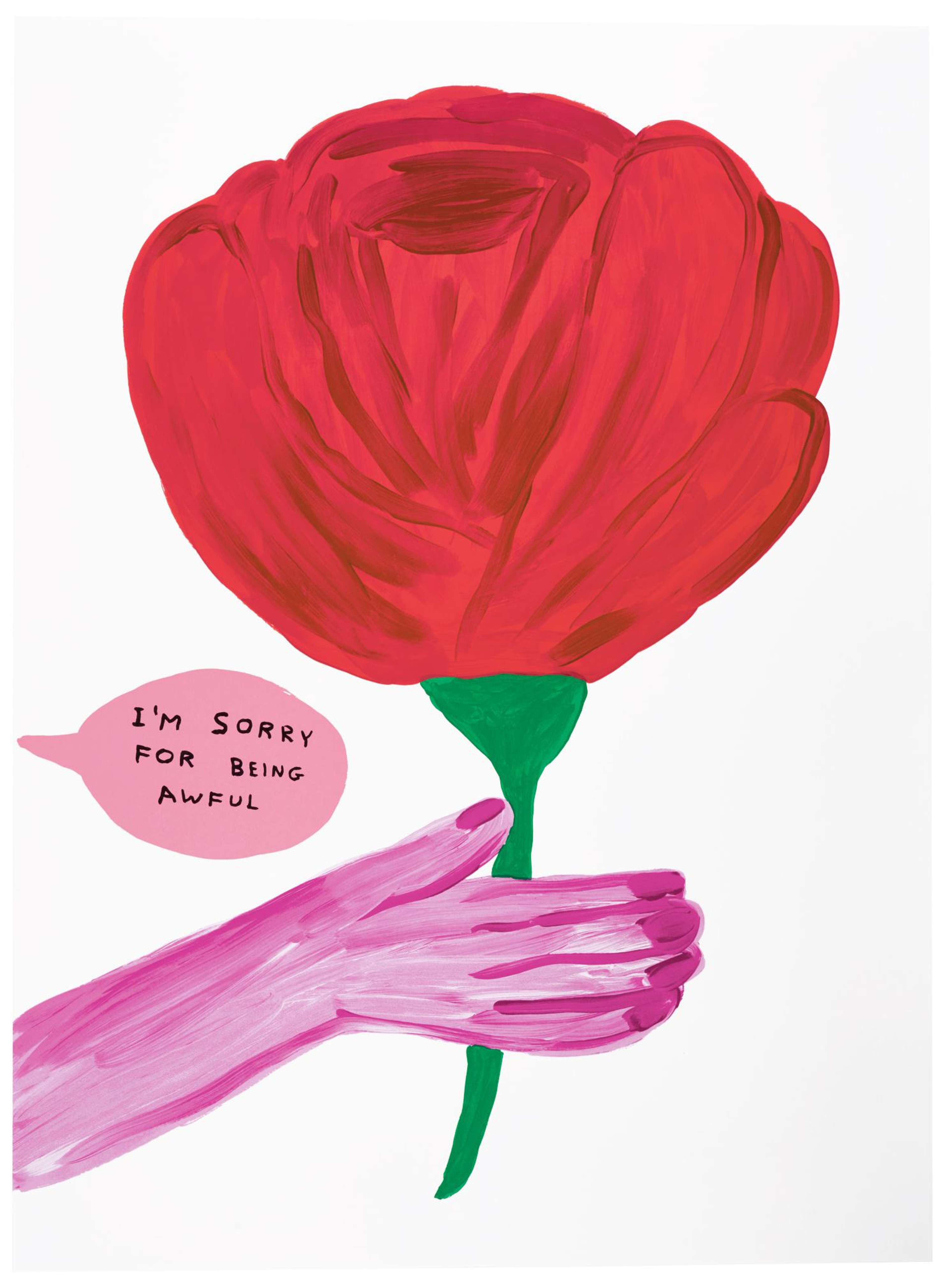 « I'm Sorry For Being Awful » de David Shrigley. Une sérigraphie représentant une main rose tenant une fleur rouge à côté du texte « I'm sorry for being awful ».