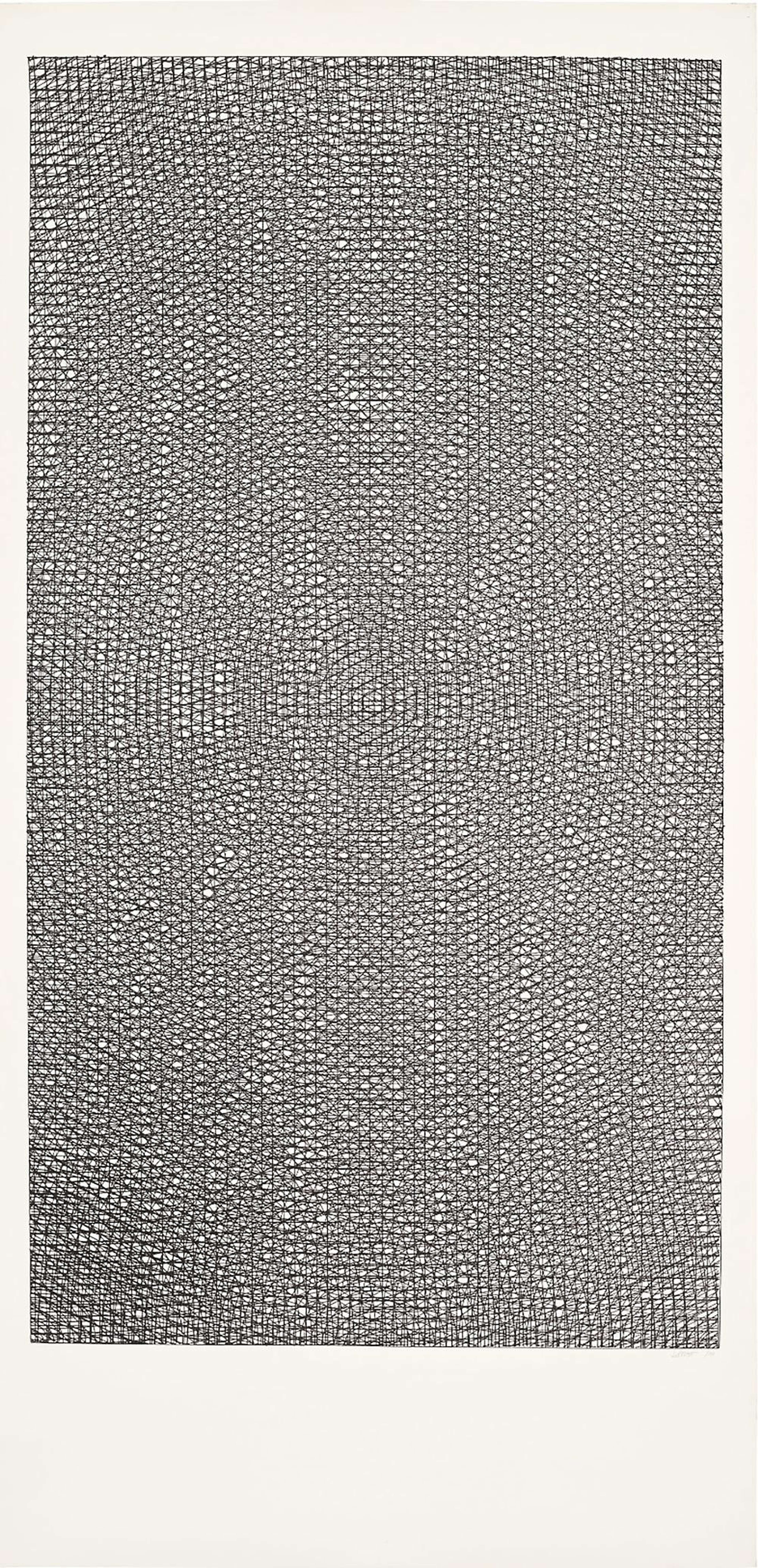 Une sérigraphie complexe composée d'innombrables arcs minuscules, de cercles et de grilles. Bien que le motif soit incroyablement détaillé, il se déploie depuis le centre. De loin, les lignes se fondent presque pour donner à l'œuvre une apparence entièrement grise. From Distance