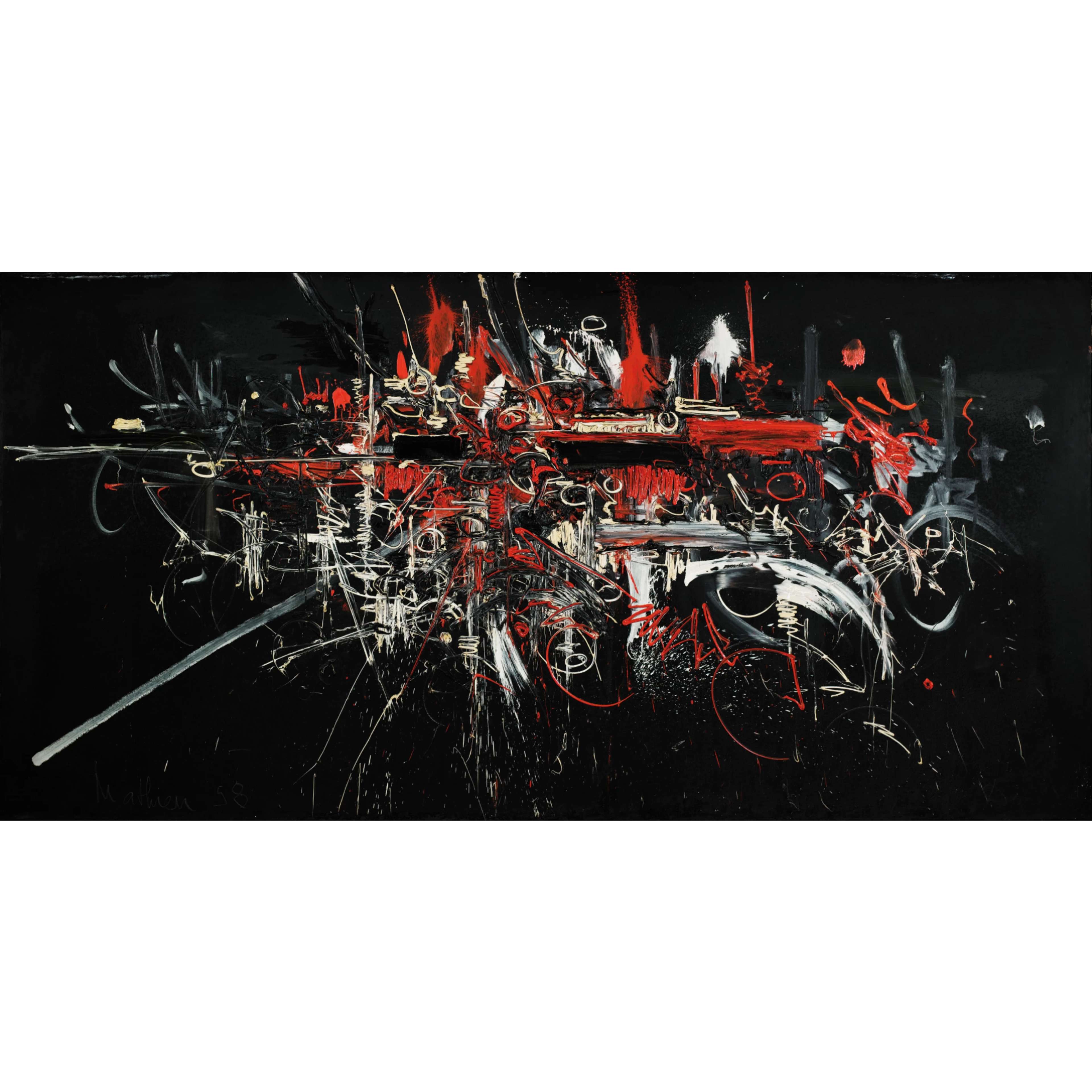 A large, dark horizontal painting featuring dense, energetic white and red lines and splatters arranged almost architecturally over a rich black background. The composition suggests a dramatic, almost violent burst of motion across the canvas.