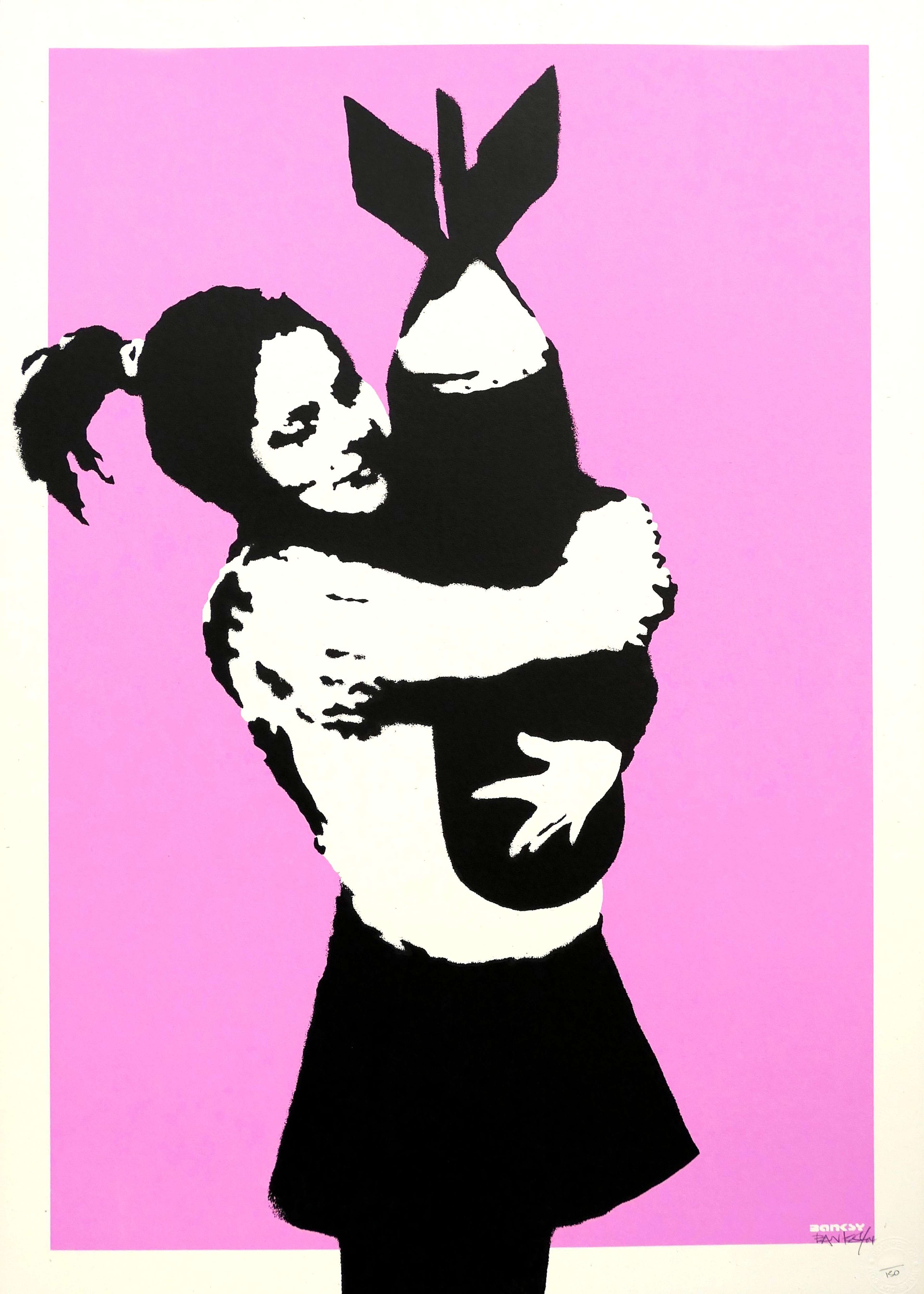Banksy screenprint of a girl hugging a bomb like a teddy bear in black stencil style.