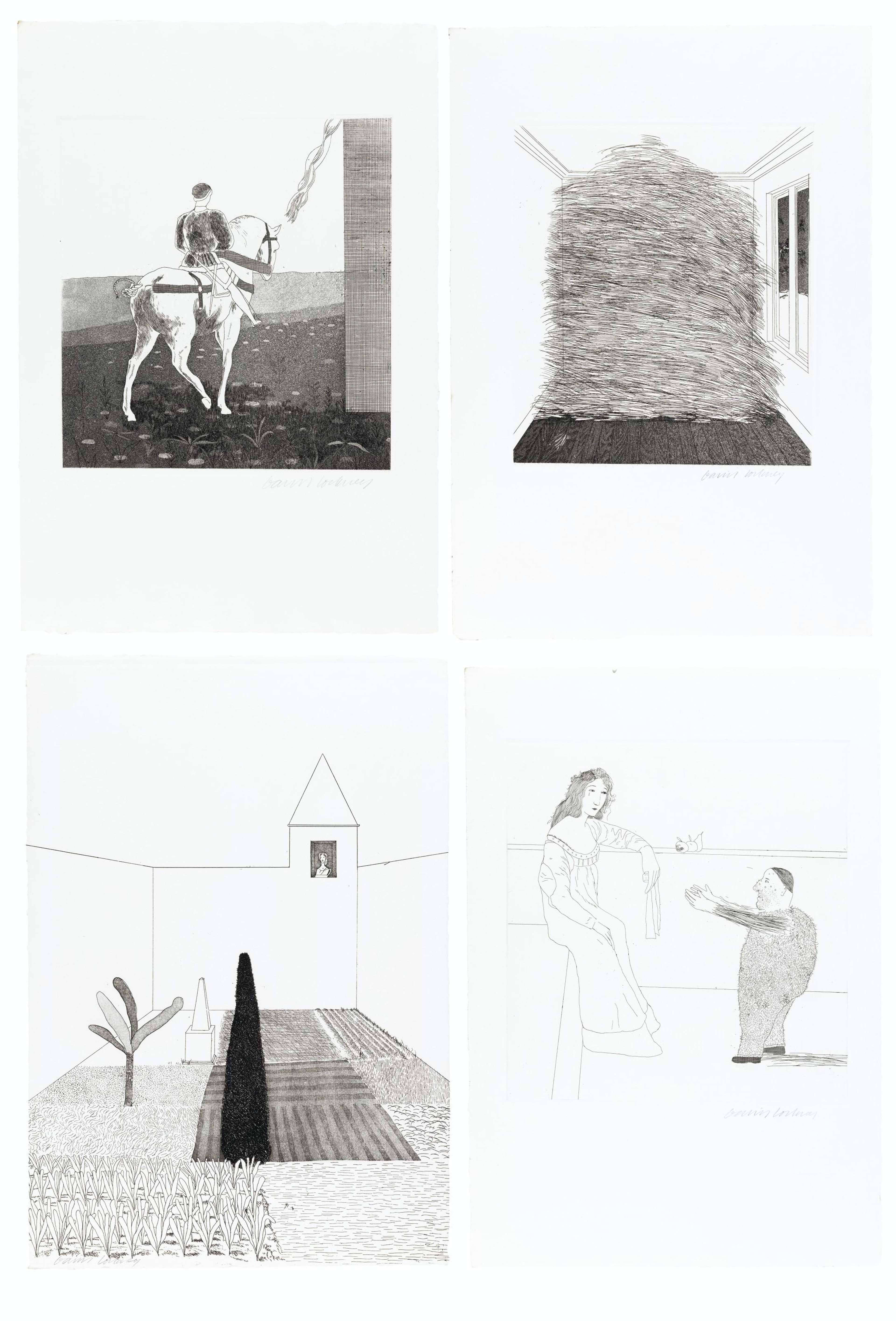 Quatre estampes de David Hockney, représentant un chevalier à cheval, une botte de foin, une maison avec une tour, et une princesse aux côtés de Rumpelstiltskin.