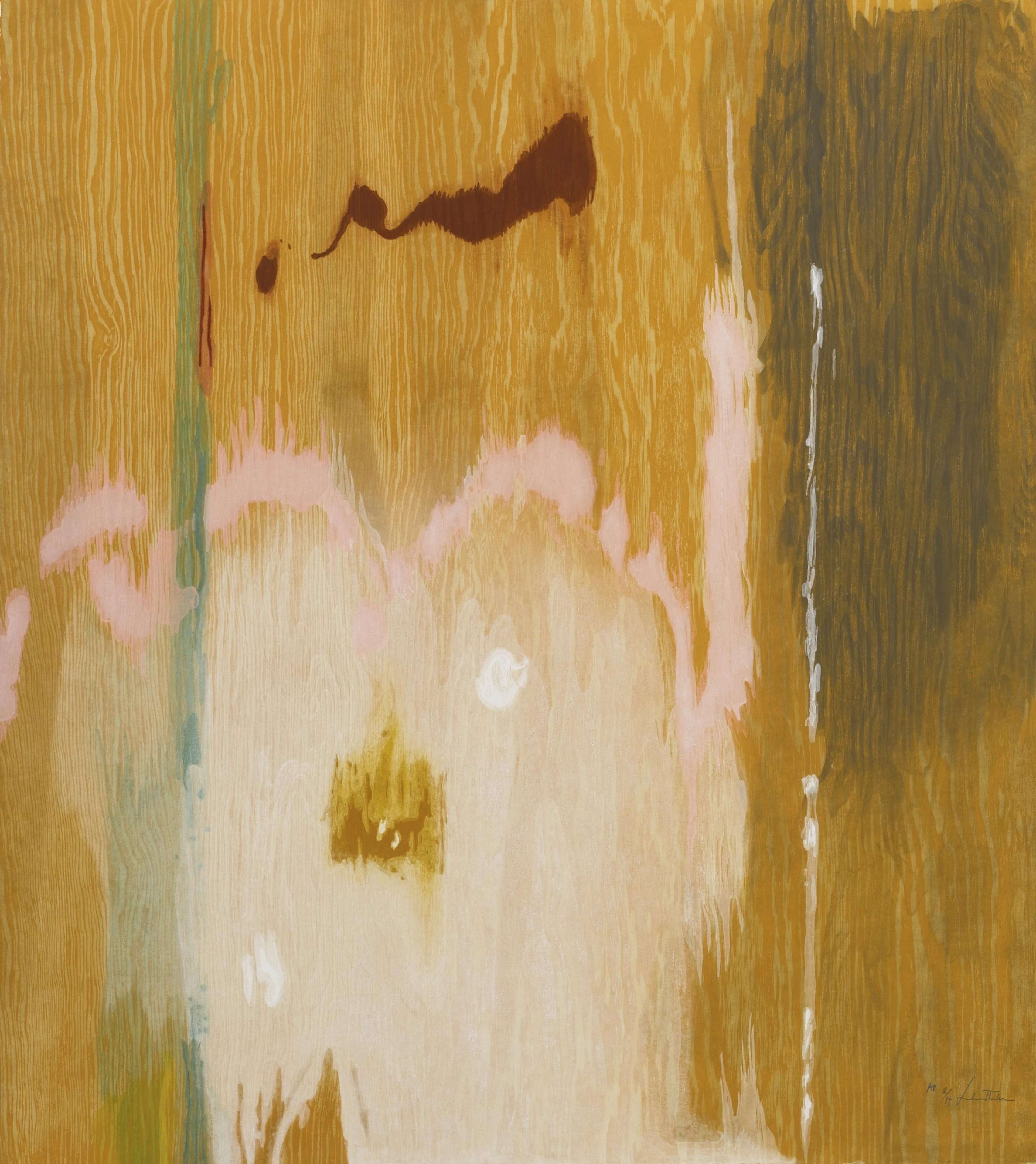 Stains of colour against a wood background