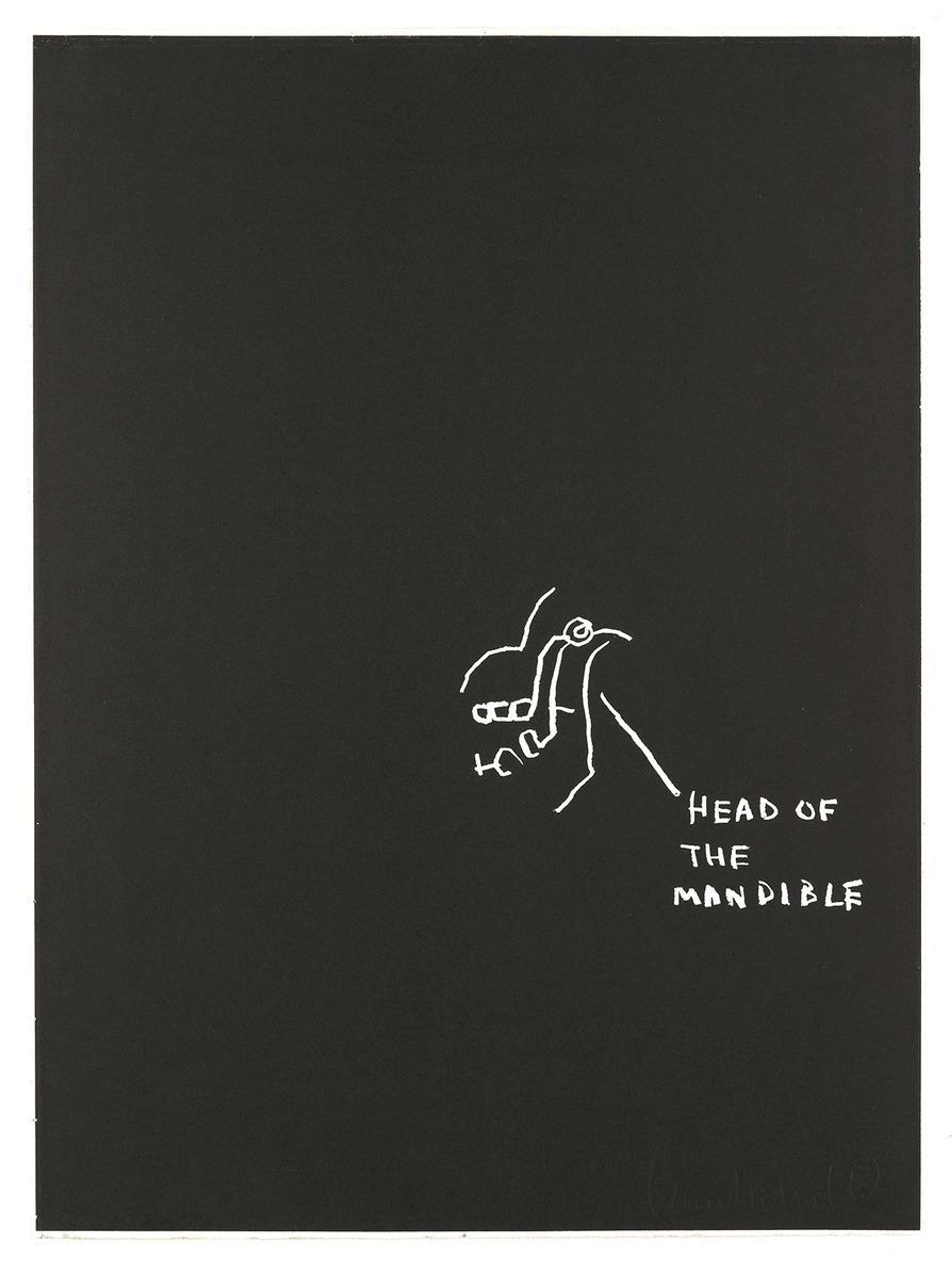 Une estampe monochrome de Basquiat. Le croquis est en blanc sur fond noir et réalisé de manière excentrée par rapport à la composition, avec une seule étiquette indiquant la « tête de la mandibule ». La représentation de l'articulation rappelle fortement le signe de copyright, que l'on retrouve dans toute l'œuvre de Basquiat.