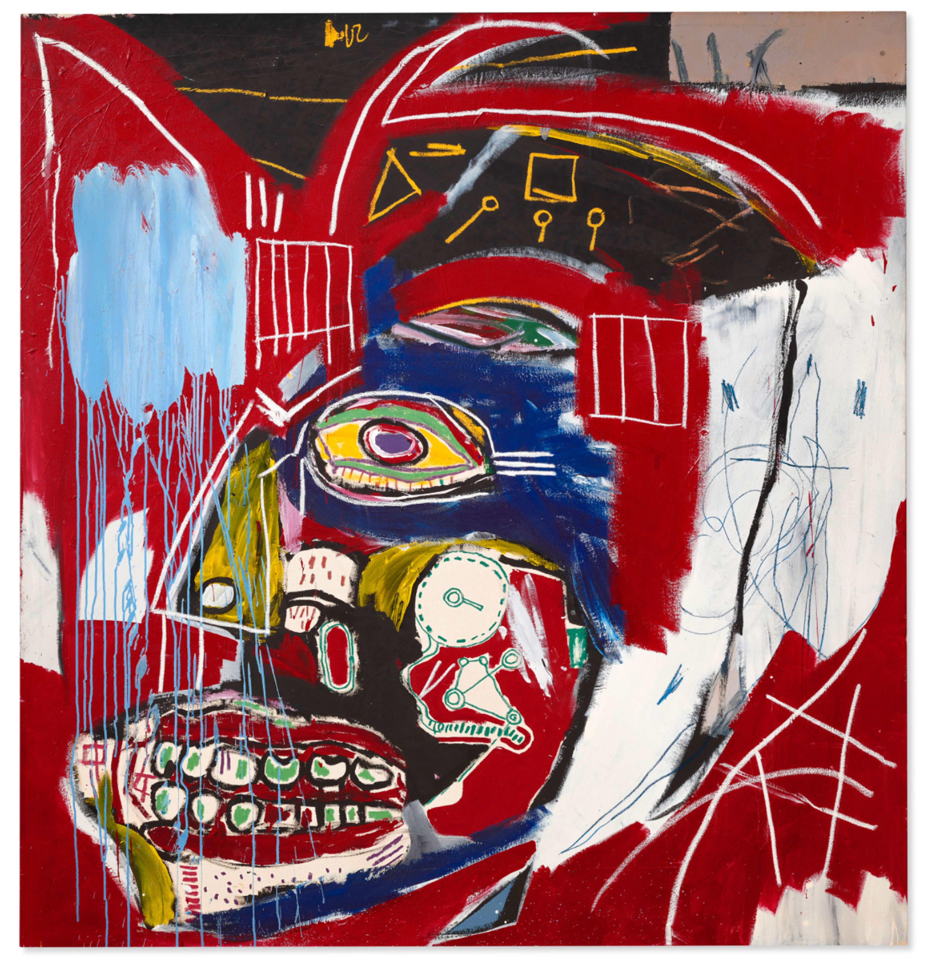 Painting by Jean-Michel Basquiat depicting the side profile of a face in white, blue, yellow and green against a deep crimson background. The canvas is peppered with messy scribbles and dripping brush strokes.