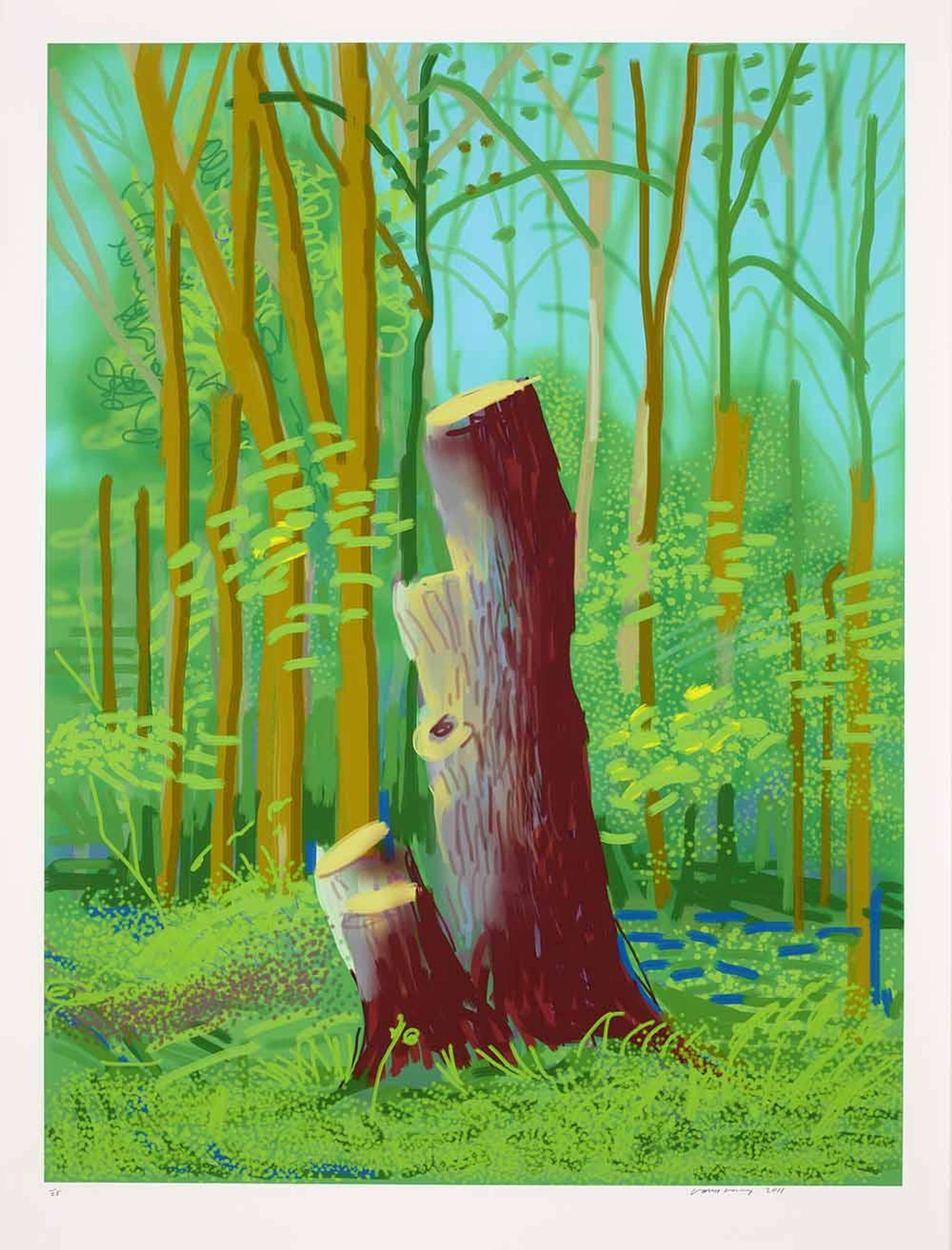 A digital iPad print by David Hockney, titled “The Arrival of Spring in Woldgate, East Yorkshire – 24th April 2011 (Signed Print)”, depicting a vibrant spring landscape with richly coloured trees, foliage and a central tree stump rendered in layered greens and blues, part of his celebrated seasonal Yorkshire series